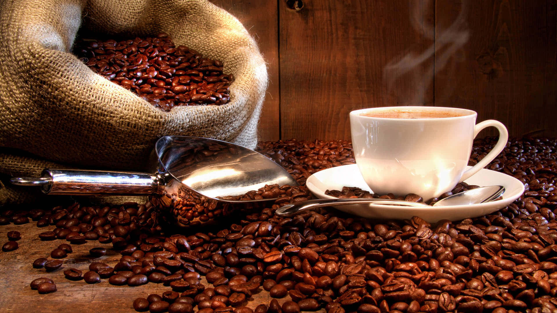 Brown Coffee, wooden table, steaming white coffee cup, Full HD Desktop Wallpaper