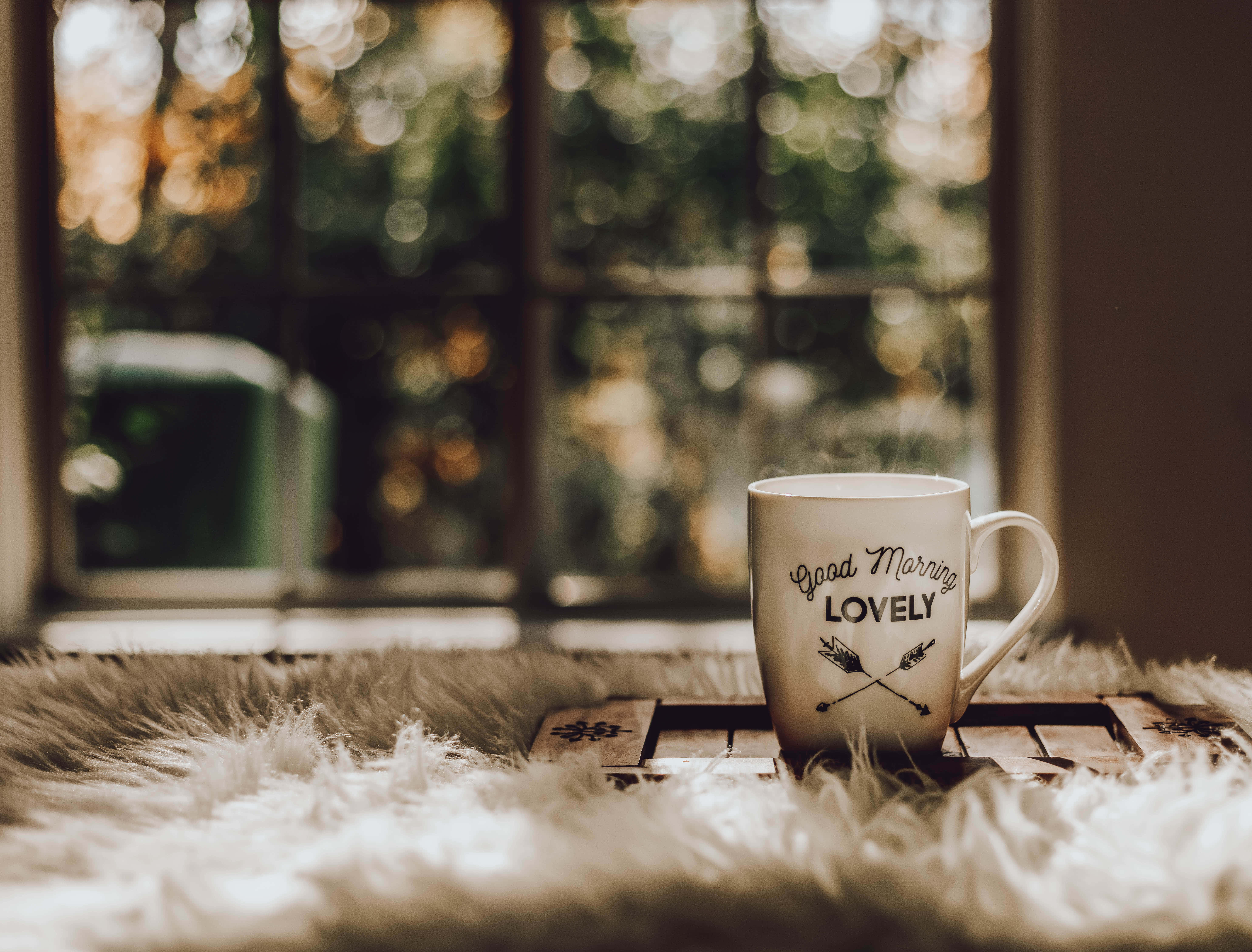 Brown Coffee, Good Morning LOVELY, wooden tray, 5K Desktop Wallpaper
