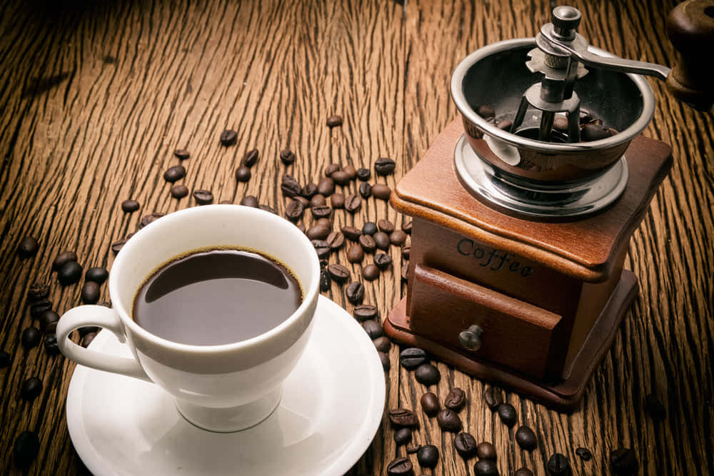 Brown Coffee, white coffee cup, vintage wooden grinder, SD Desktop Wallpaper
