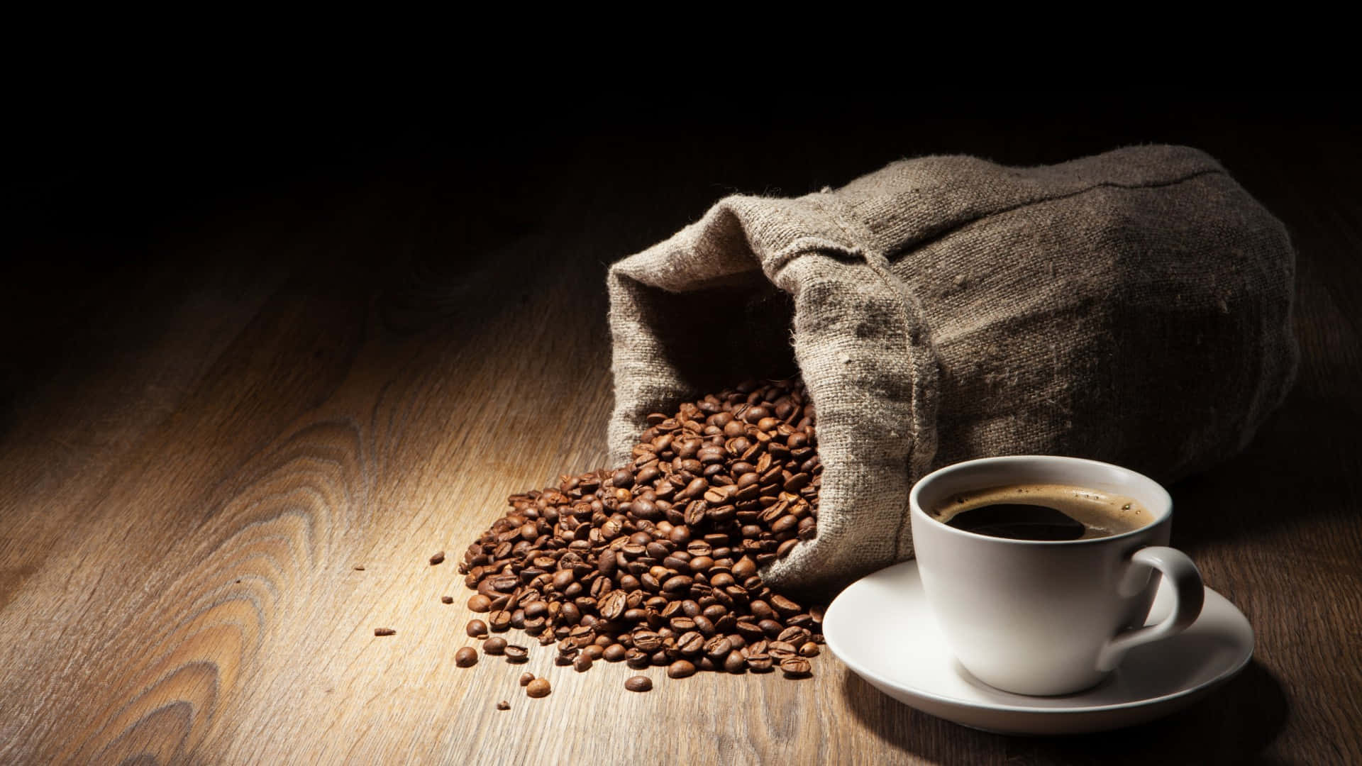 Brown Coffee, white mug, burlap sack, Full HD Desktop Wallpaper