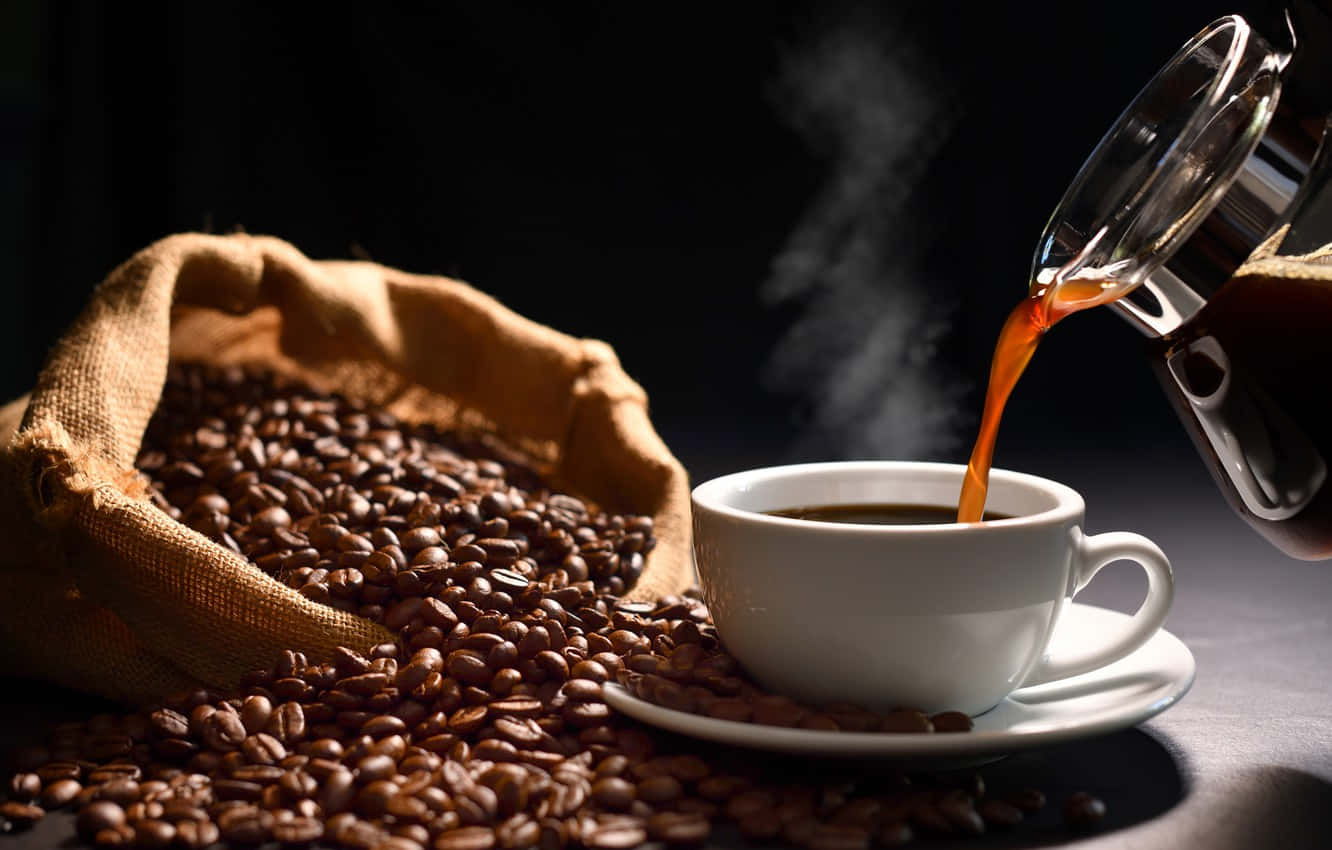brown coffee, glass carafe, white cup, HD Desktop Wallpaper