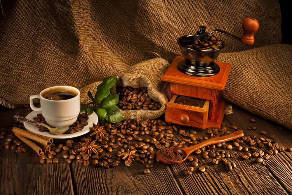 brown coffee, white cup, cinnamon sticks, SD Desktop Wallpaper