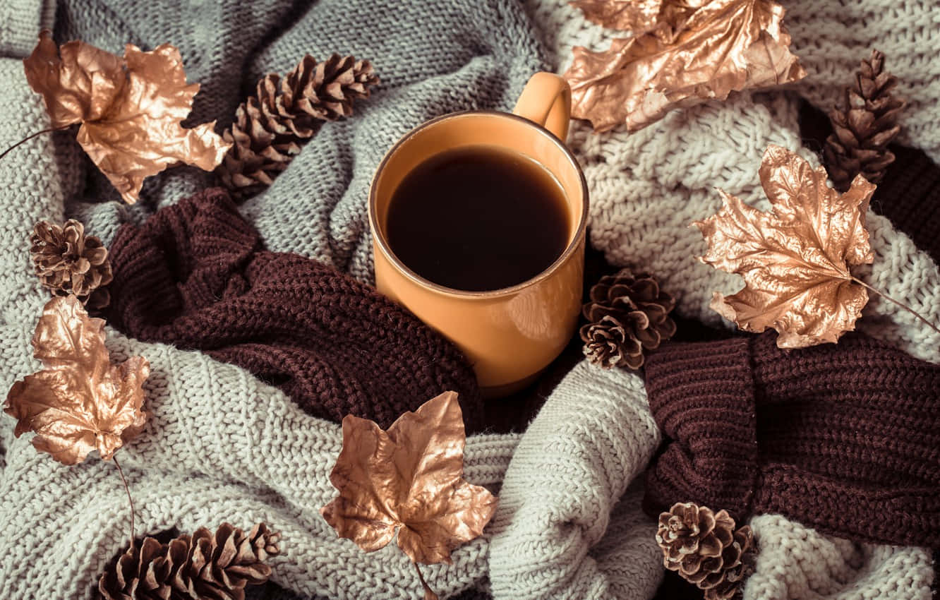 Brown Coffee, copper leaves, pinecones, HD Desktop Wallpaper