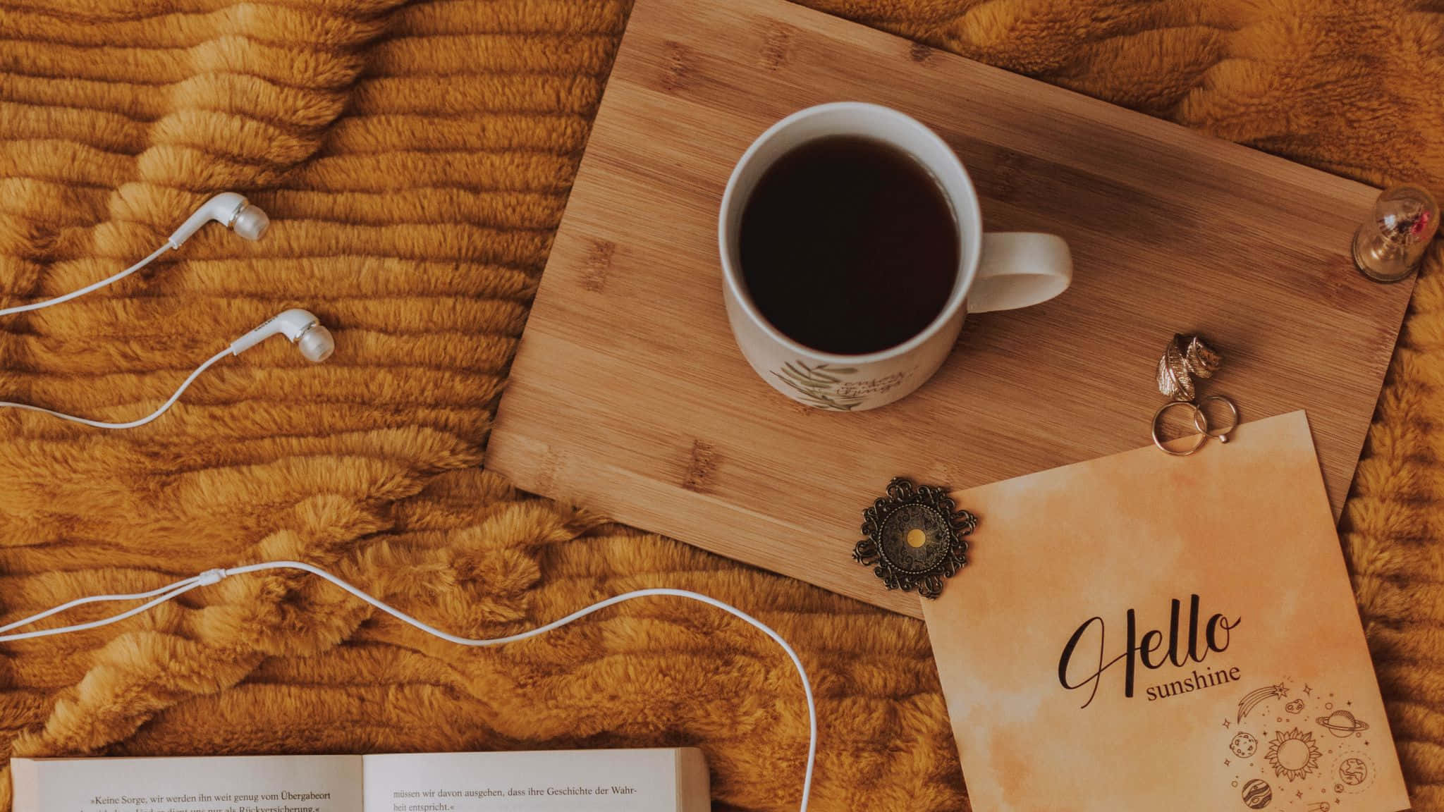 Brown Coffee, mustard blanket, wooden tray, Full HD Desktop Wallpaper