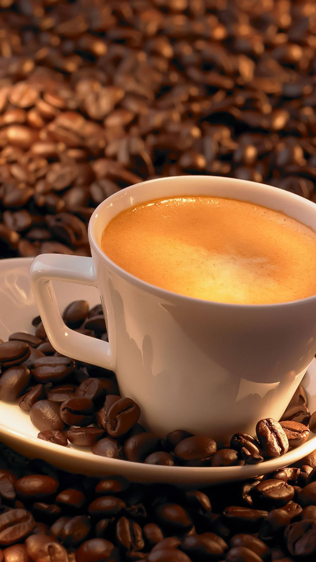 espresso, coffee beans, golden light, Full HD Phone Wallpaper