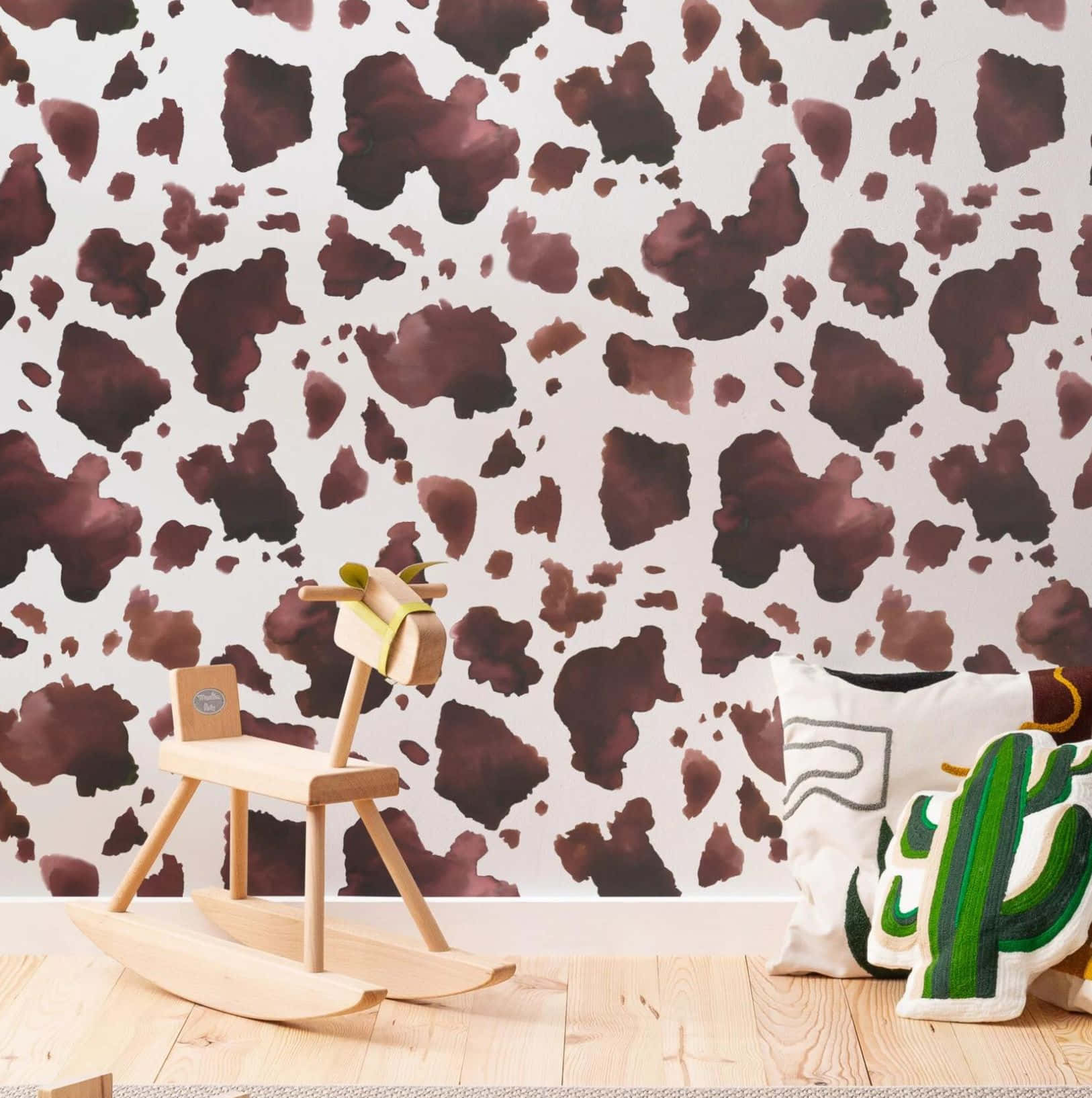 Brown Cow, wooden rocking horse, cactus pillows, HD Phone Wallpaper