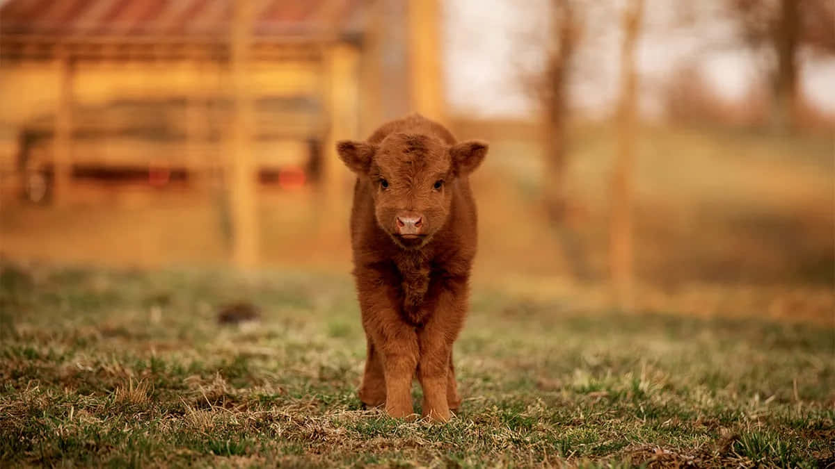 brown calf, grassy field, rustic barn, SD Desktop Wallpaper