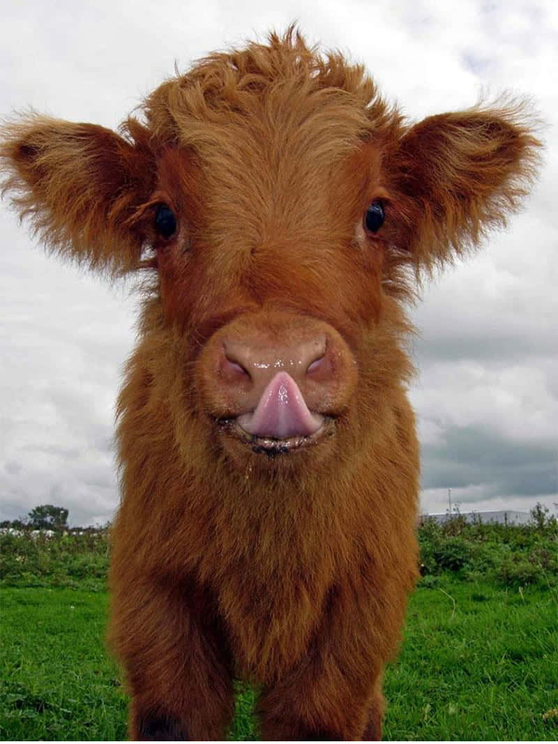 fluffy brown calf, licking its nose, playful expression, SD Phone Wallpaper