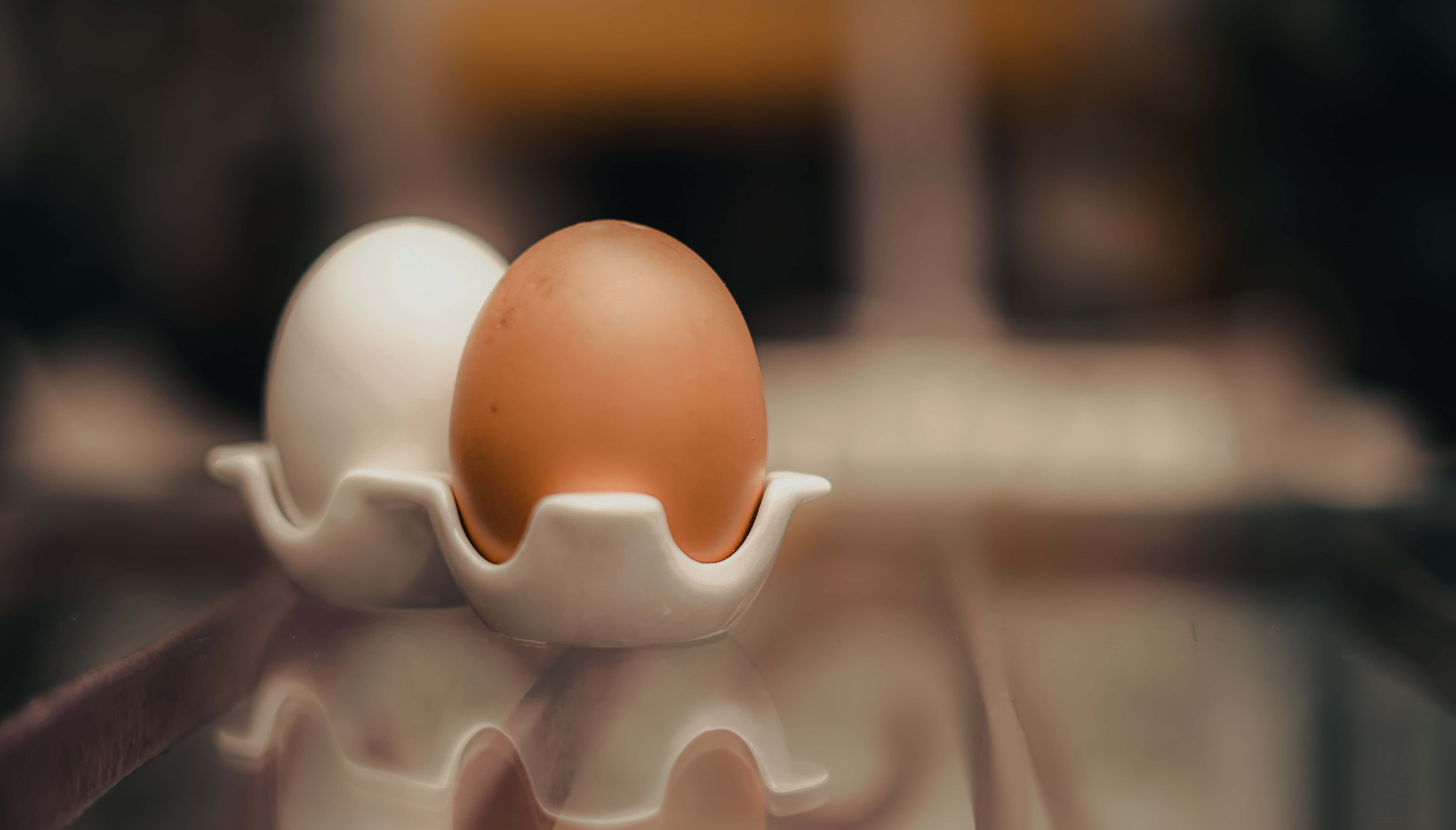 brown eggs, white ceramic holder, reflective surface, 5K Desktop Wallpaper