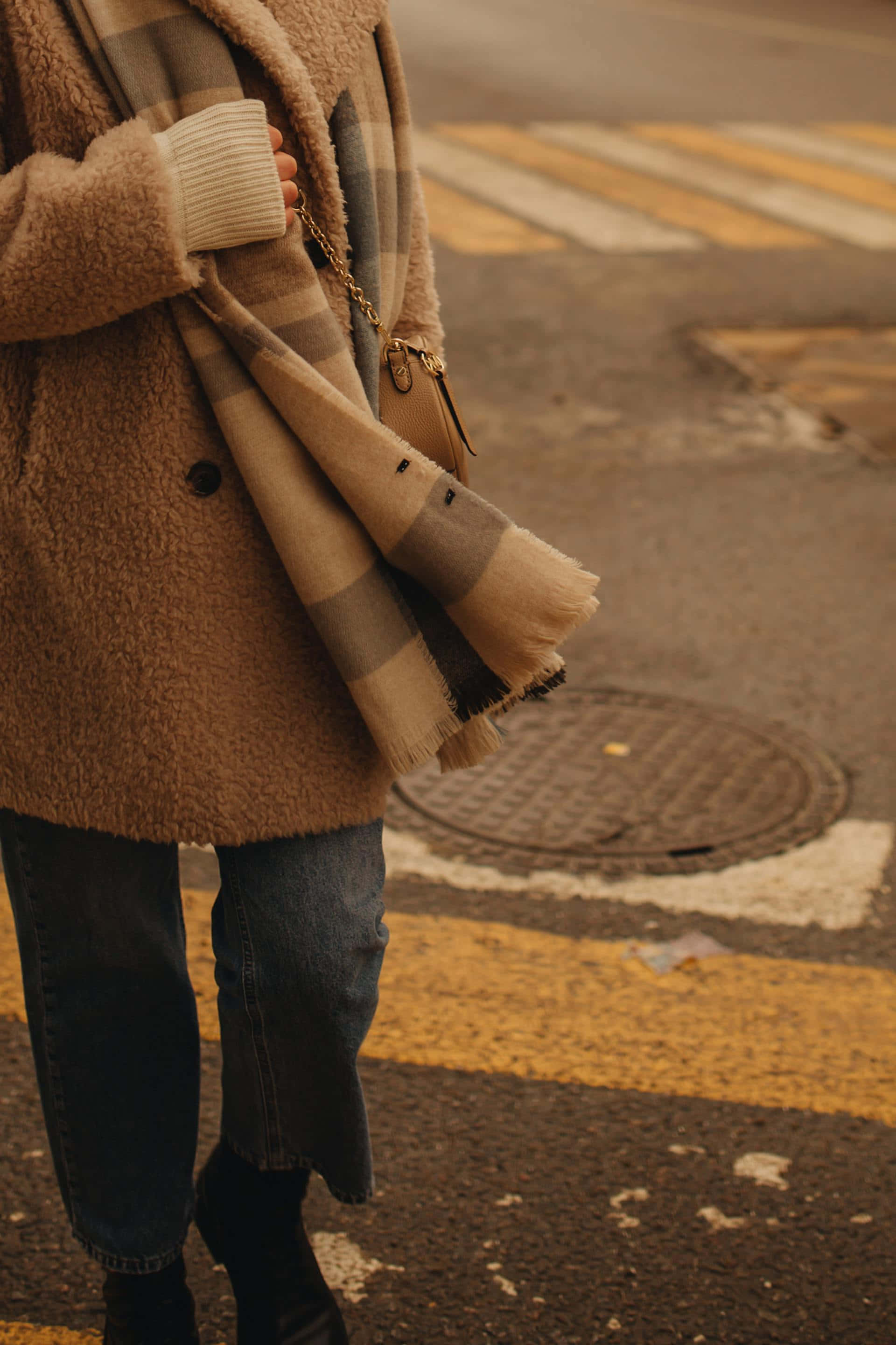 brown coat, plaid scarf, yellow crosswalk stripes, 2K Phone Wallpaper