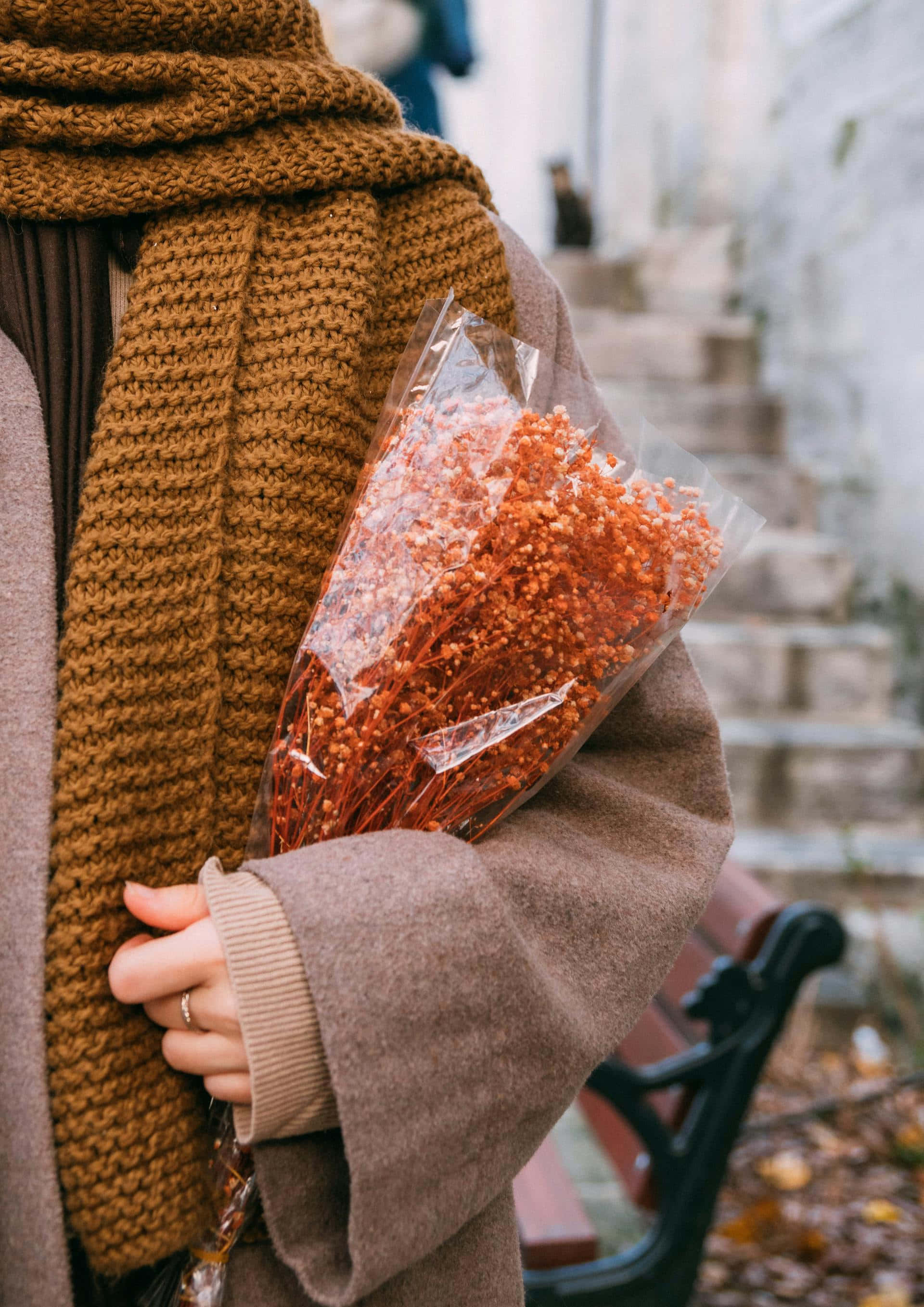 brown knit scarf, brown coat, dried orange flowers, 2K Phone Wallpaper