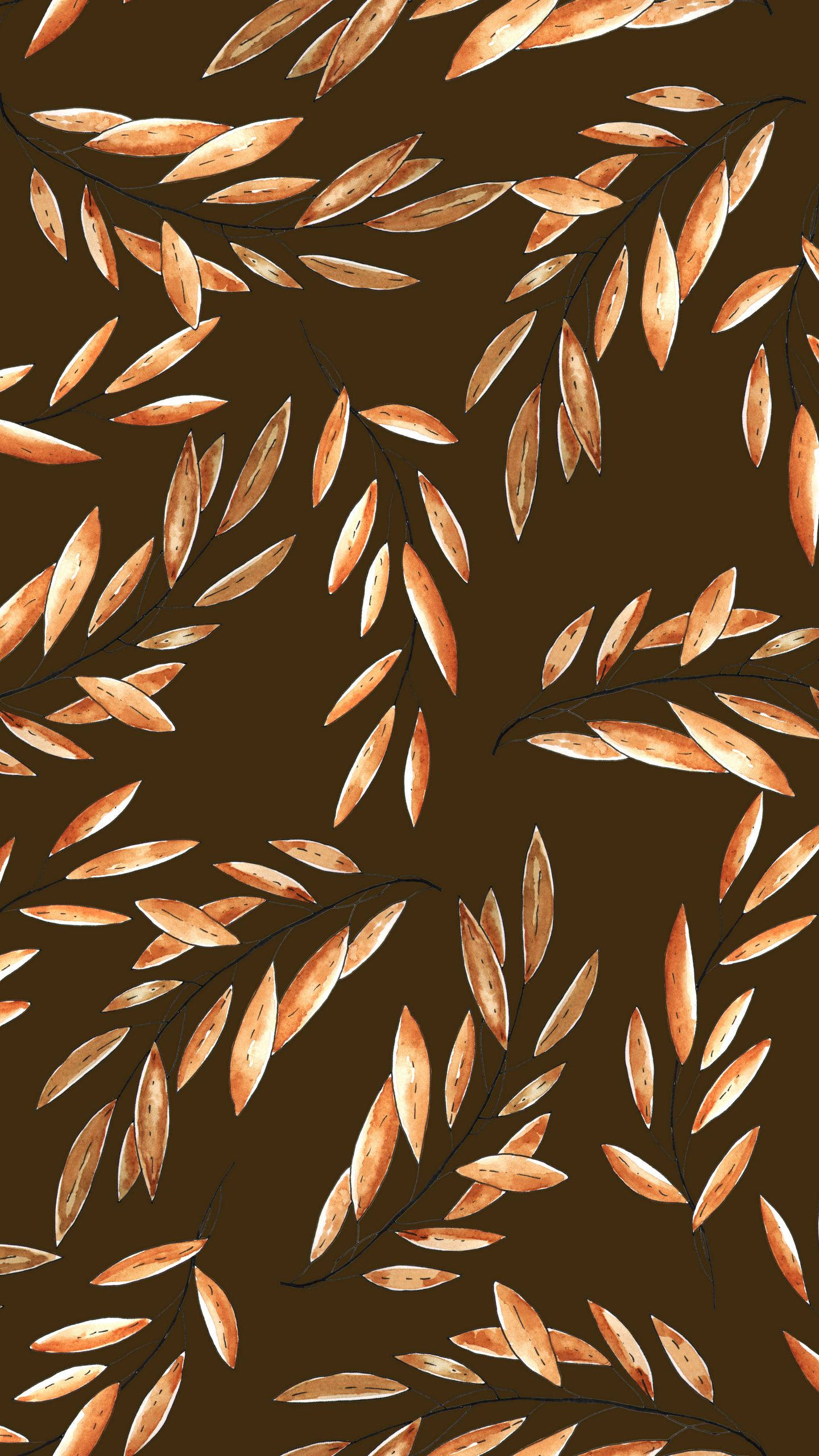 watercolor leaves, brown background, golden autumn leaves, 2K Phone Wallpaper