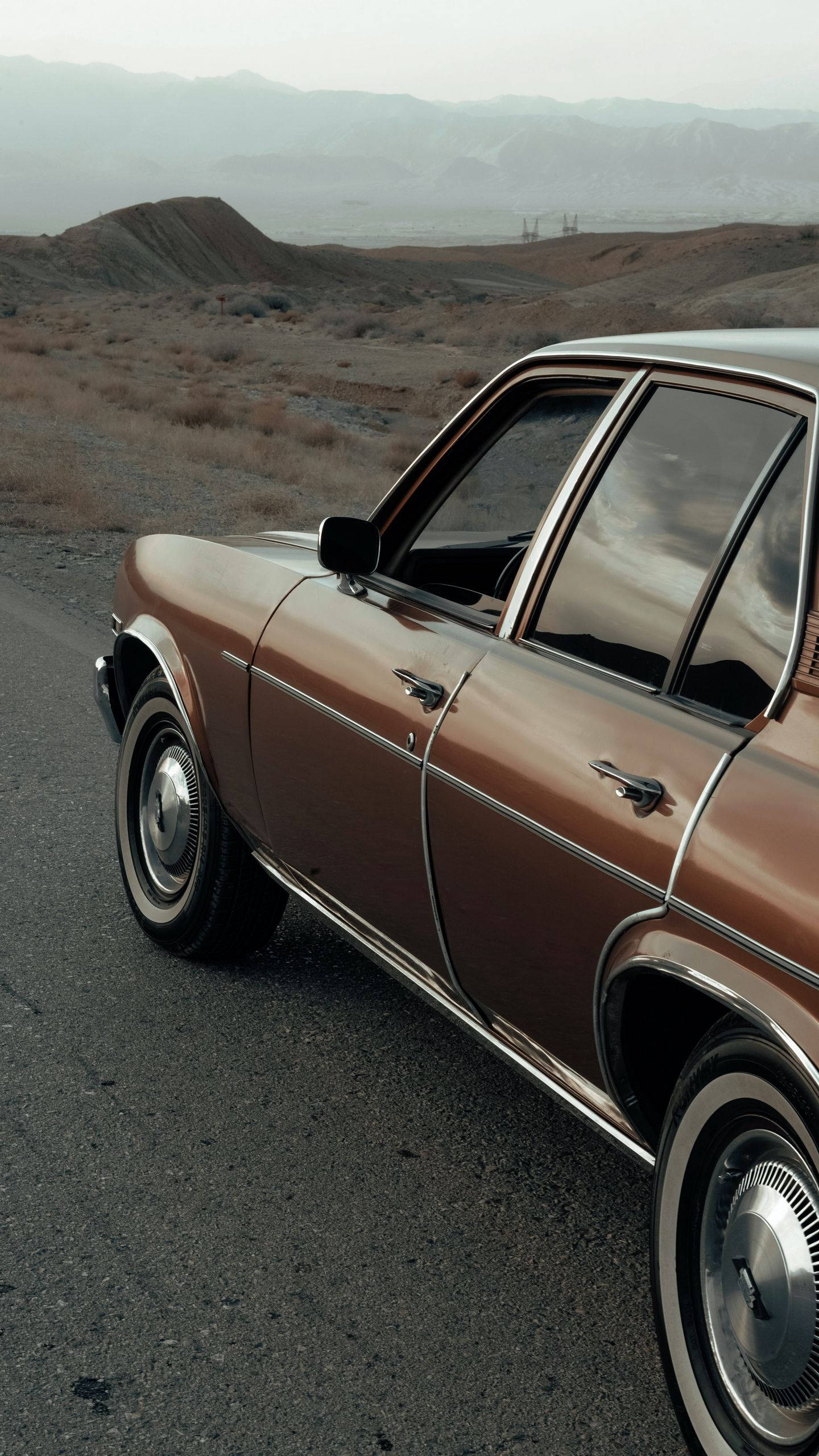 retro car, brown sedan, desert road, 2K Phone Wallpaper