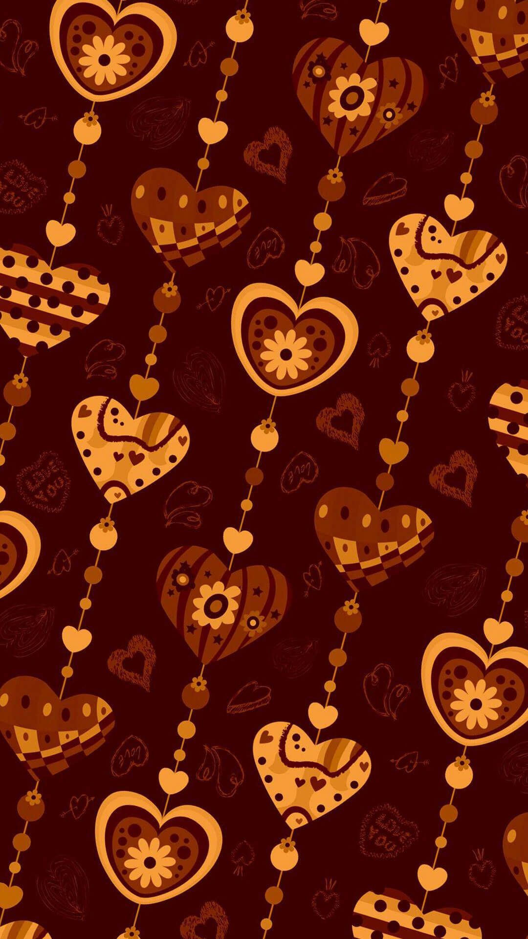 brown iPhone, golden hearts, floral designs, Full HD Phone Wallpaper