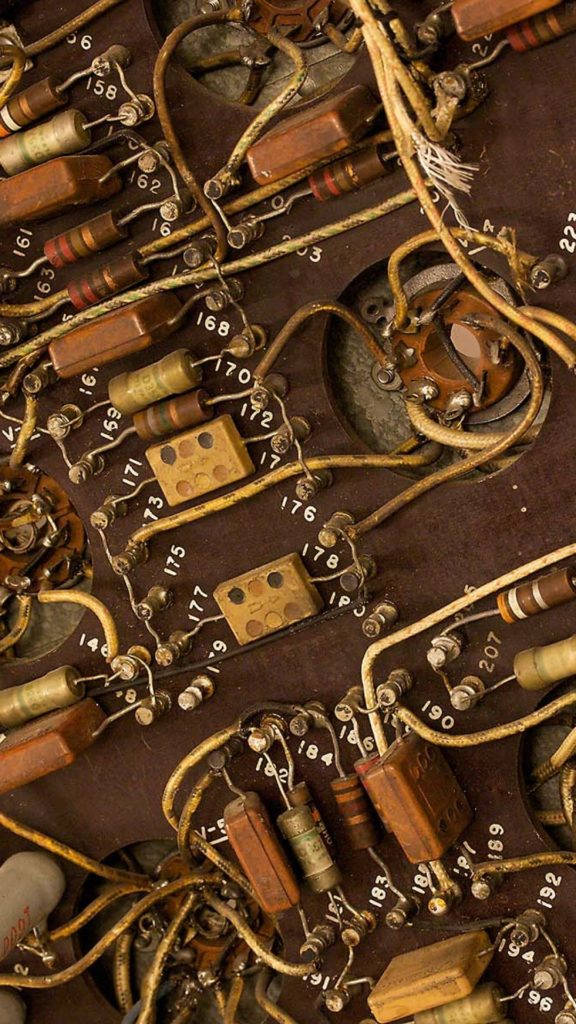 Brown iPhone, vintage electronic components, tangled wires, SD Phone Wallpaper
