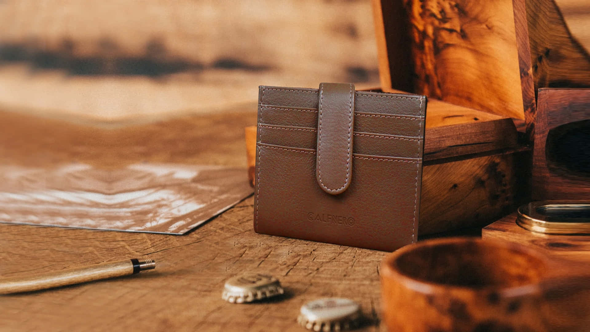 brown leather wallet, rustic wooden table, map pen, Full HD Desktop Wallpaper