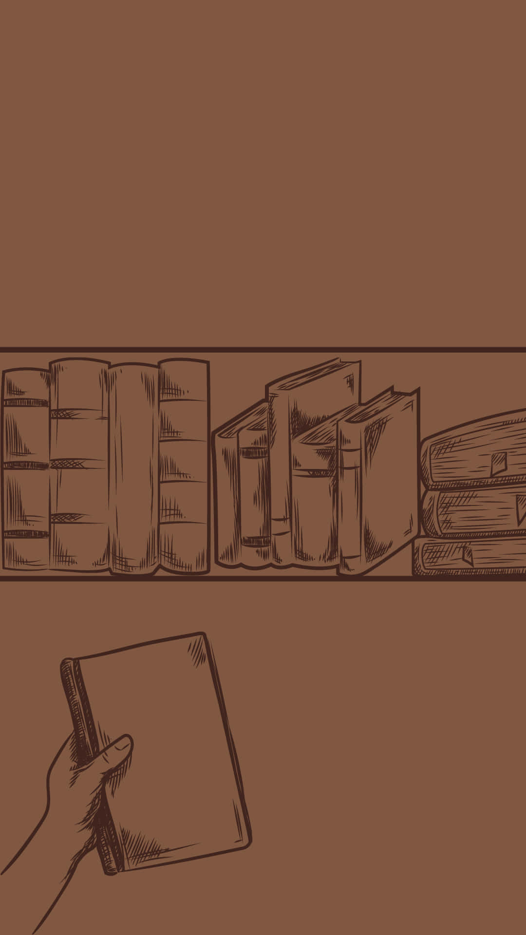 minimalist brown aesthetic book shelve, vintage tomes, sepia-toned sketch style, Full HD Phone Wallpaper
