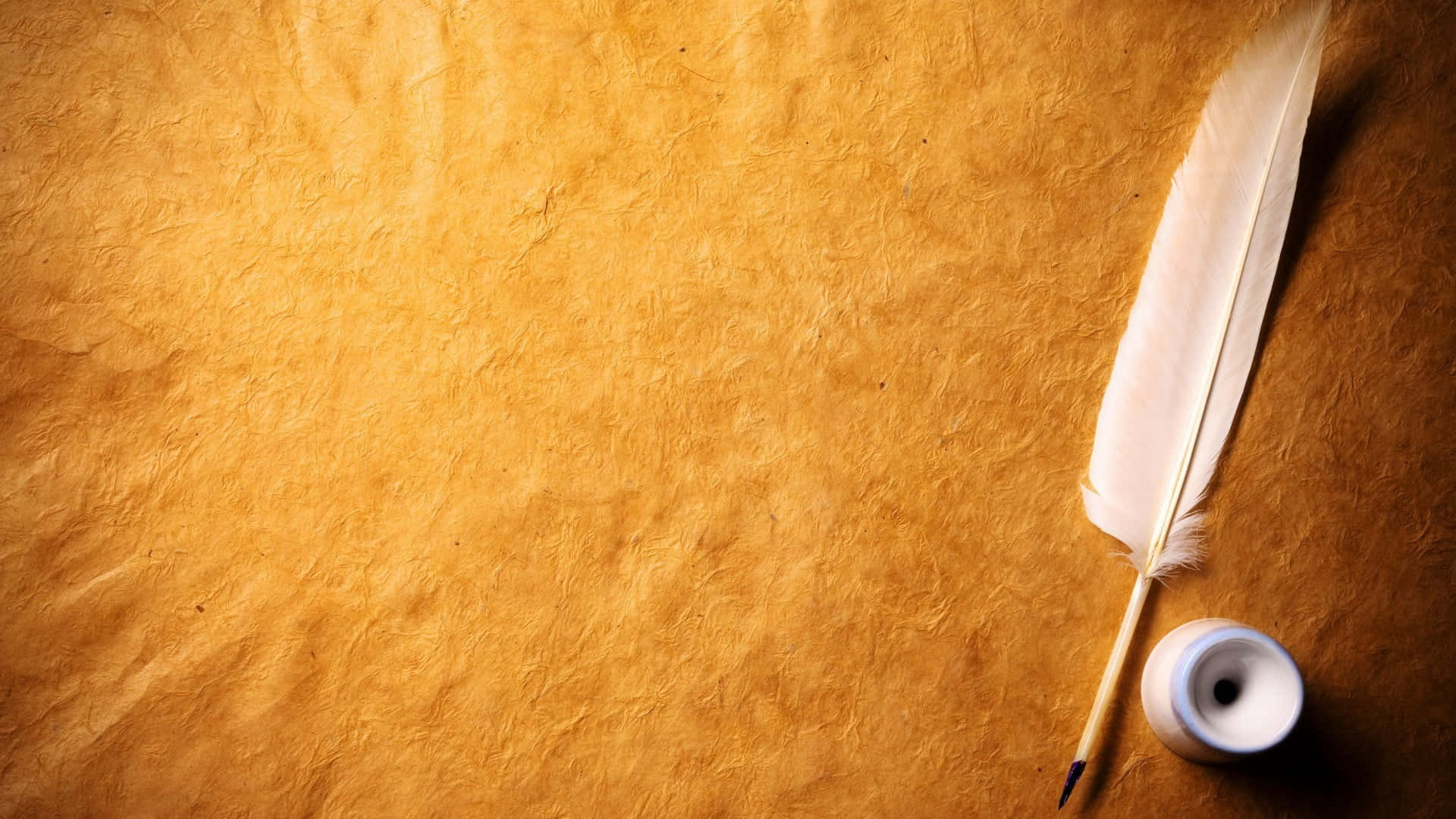 golden parchment, white feather quill, inkwell, Full HD Desktop Wallpaper