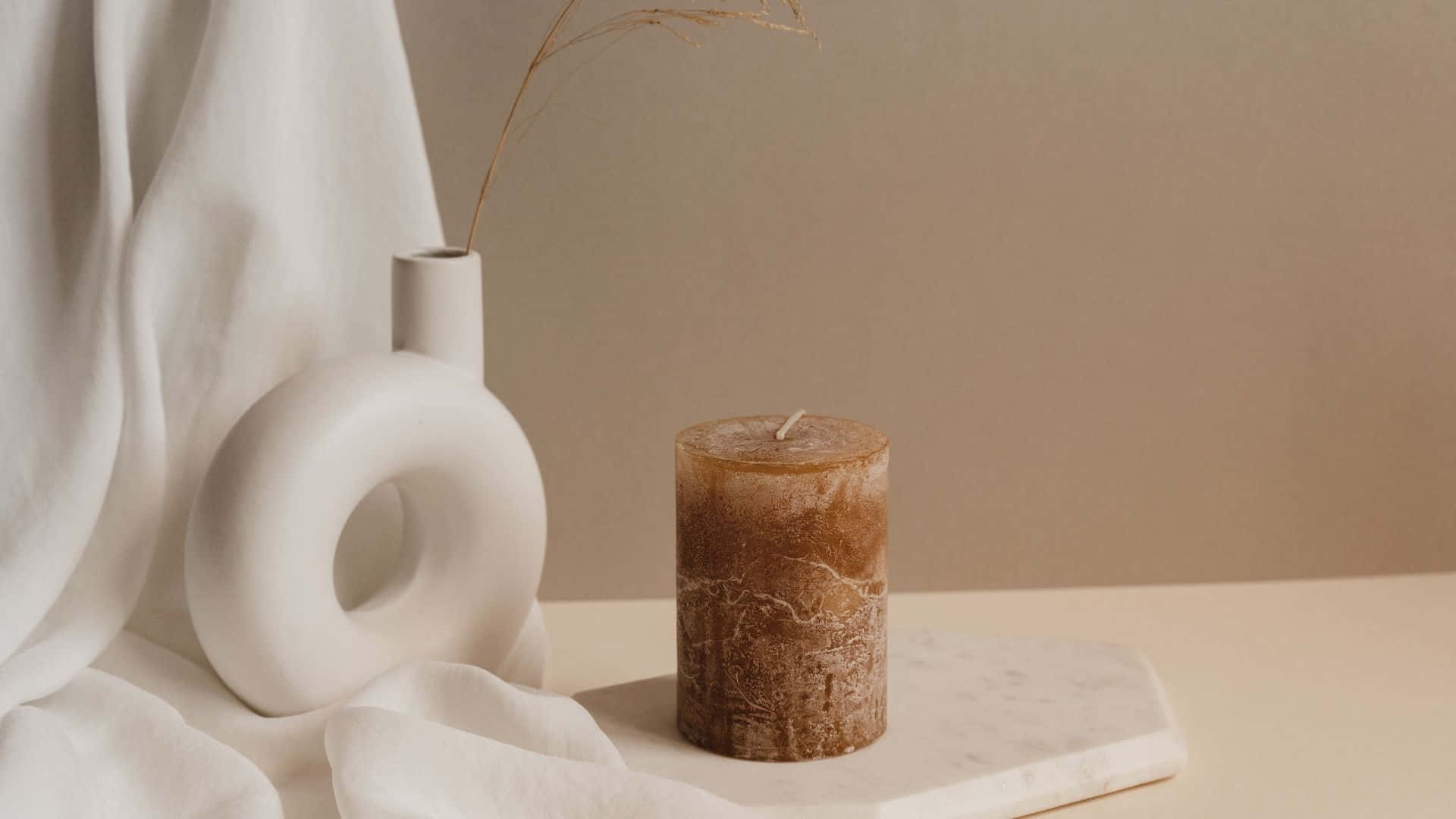 Brown Pastel Aesthetic, textured brown candle, white ceramic vase, Full HD Desktop Wallpaper