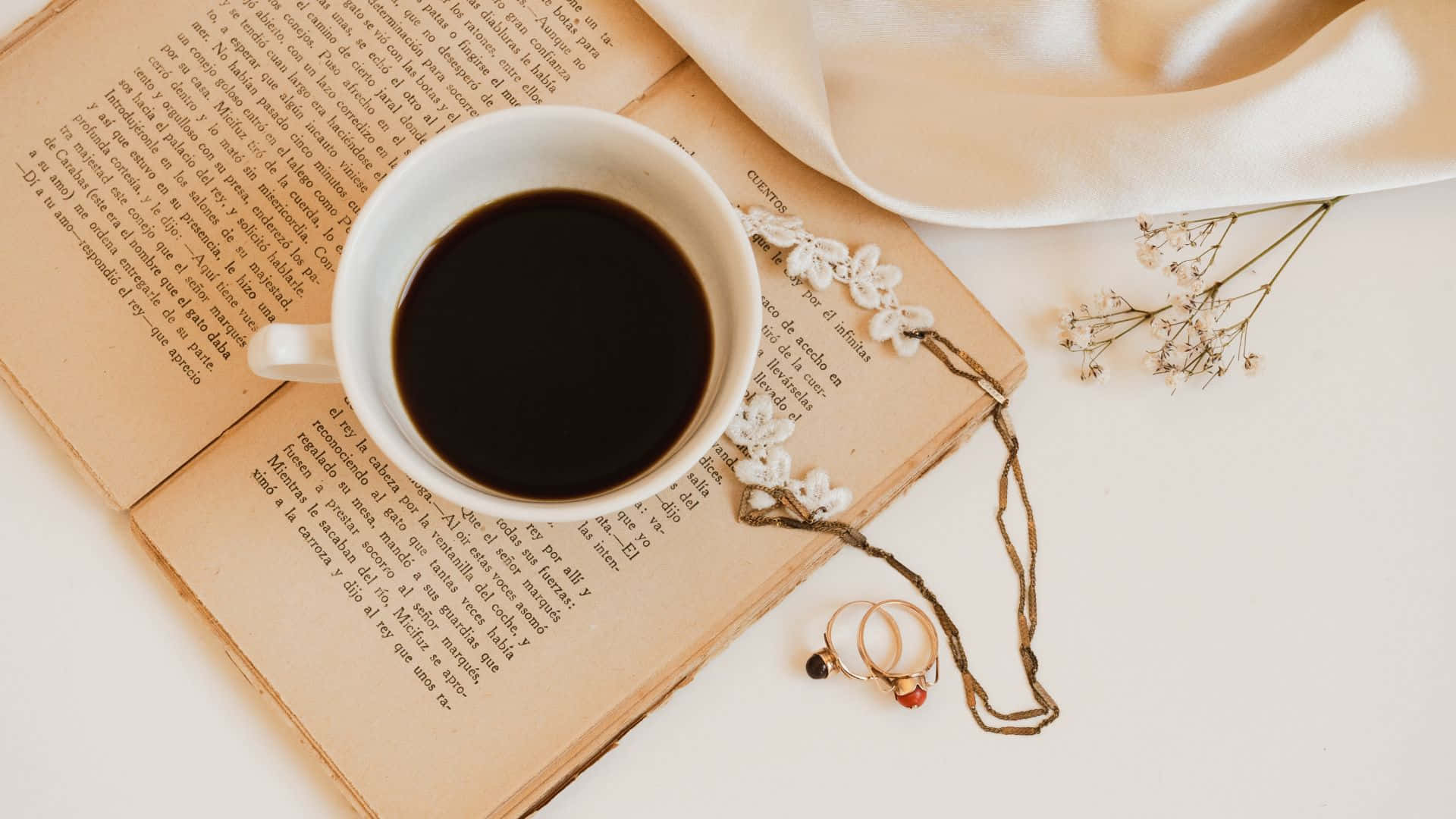 brown pastel aesthetic, white coffee cup, open book, Full HD Desktop Wallpaper