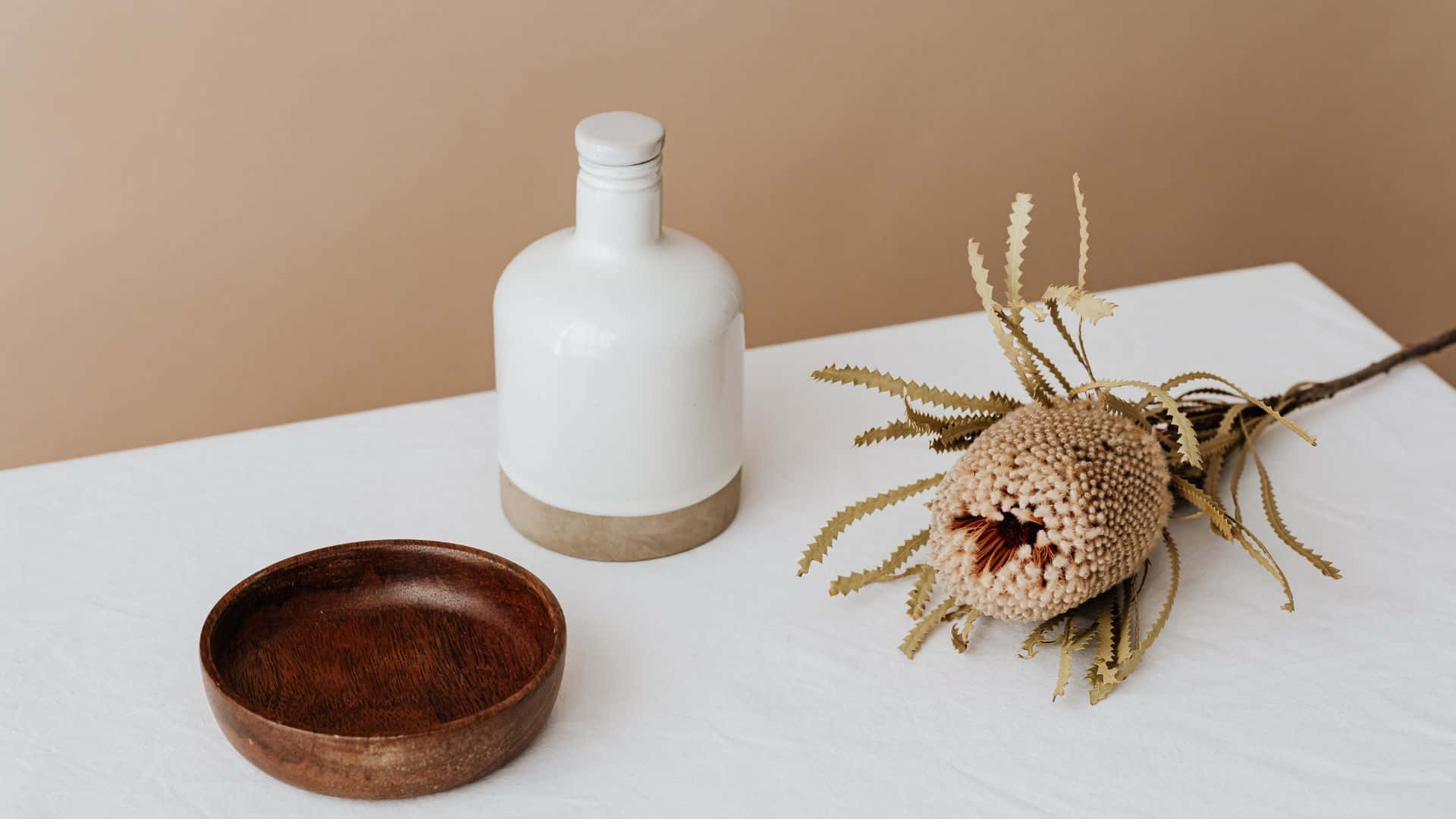 brown pastel aesthetic, wooden bowl, white bottle, Full HD Desktop Wallpaper
