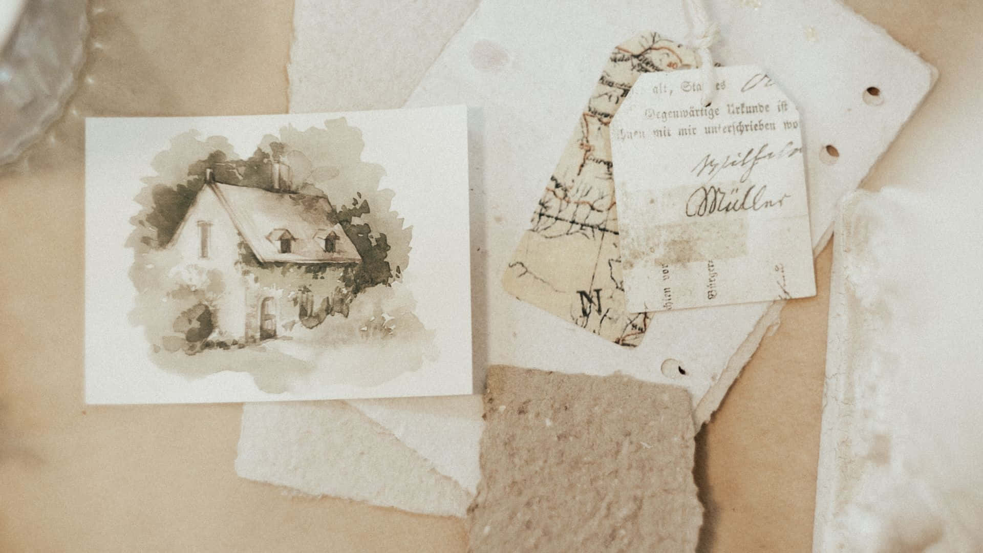 vintage watercolor sketch, rustic house, aged papers, Full HD Desktop Wallpaper