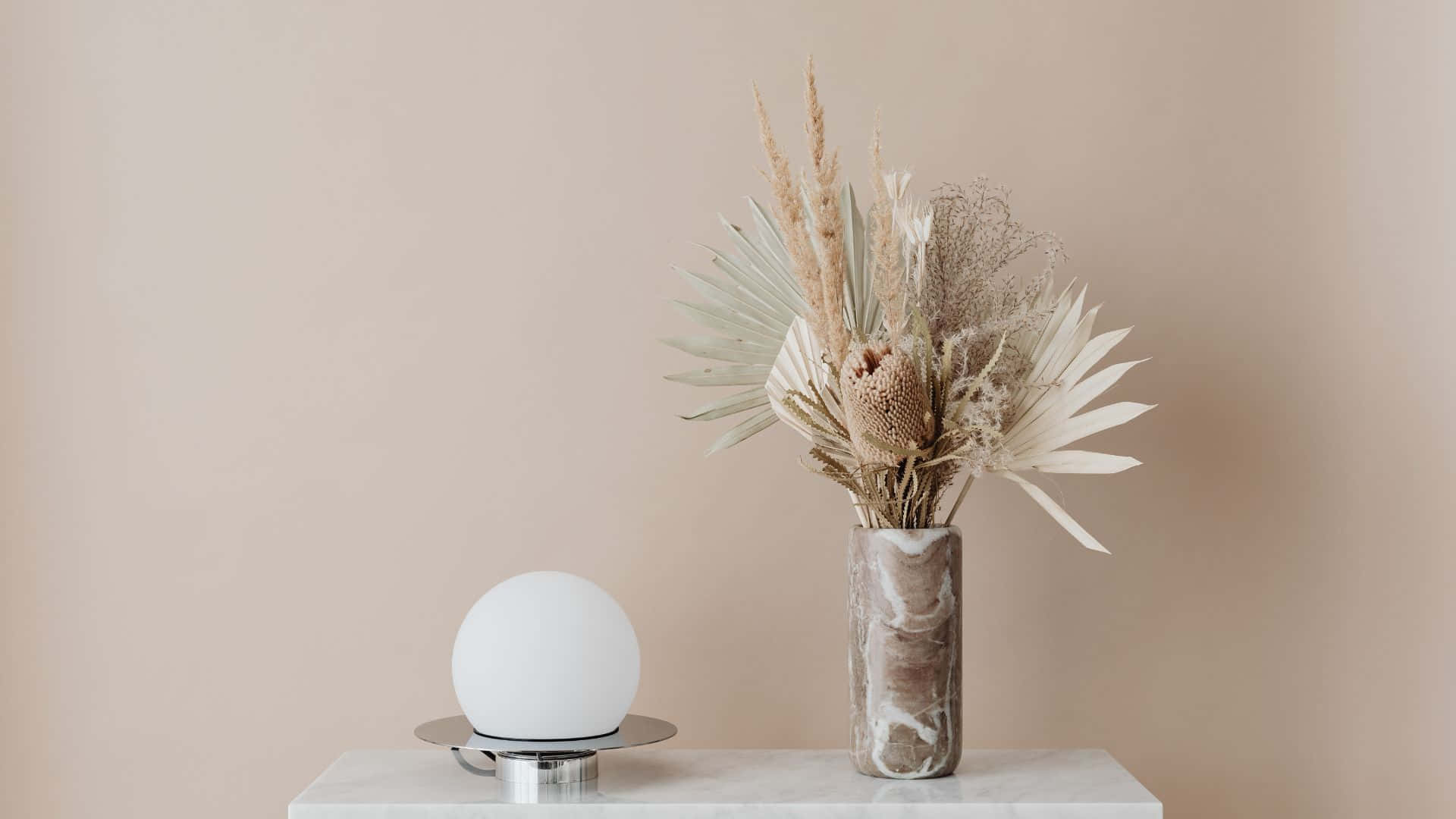 brown pastel aesthetic, dried botanicals, marble vase, Full HD Desktop Wallpaper