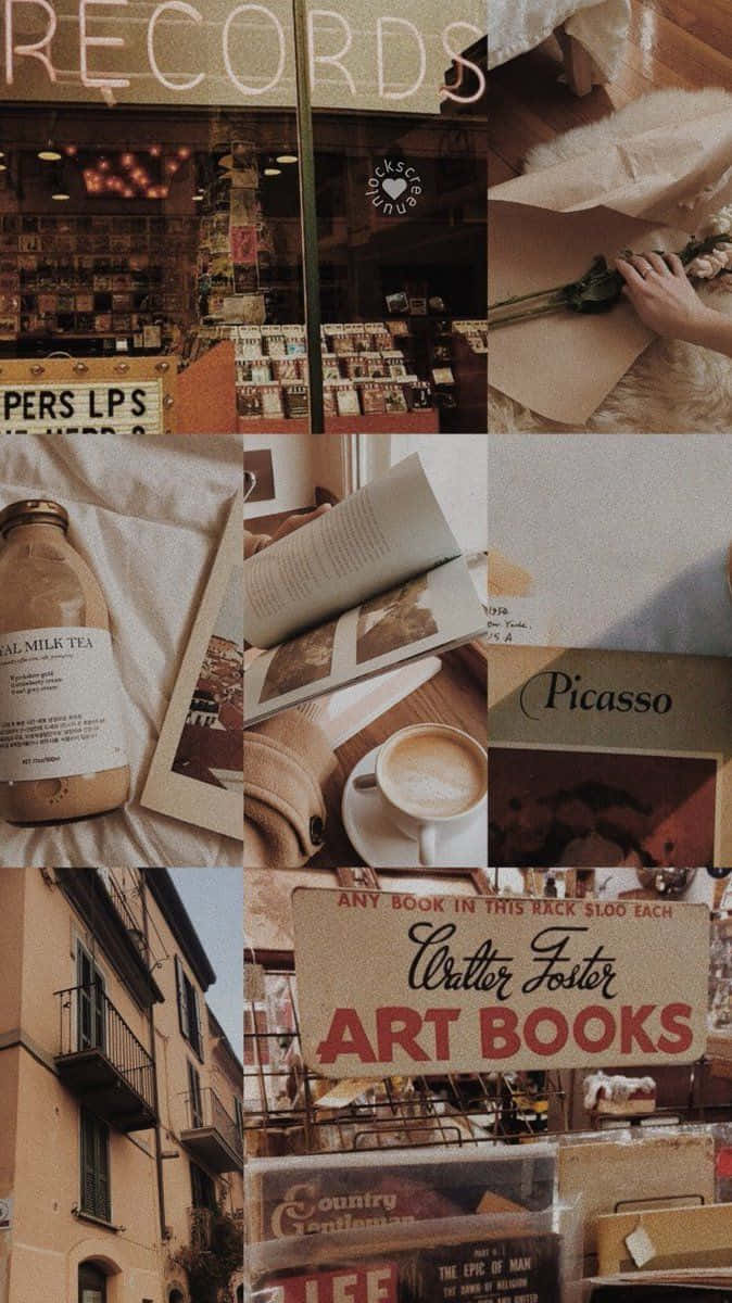 Pastel Brown Places, vintage record store windows, coffee cups, SD Phone Wallpaper