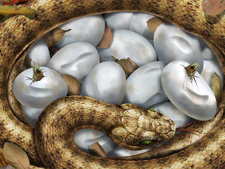 Brown Snake, green eyes, clutch of pale eggs, SD Desktop Wallpaper