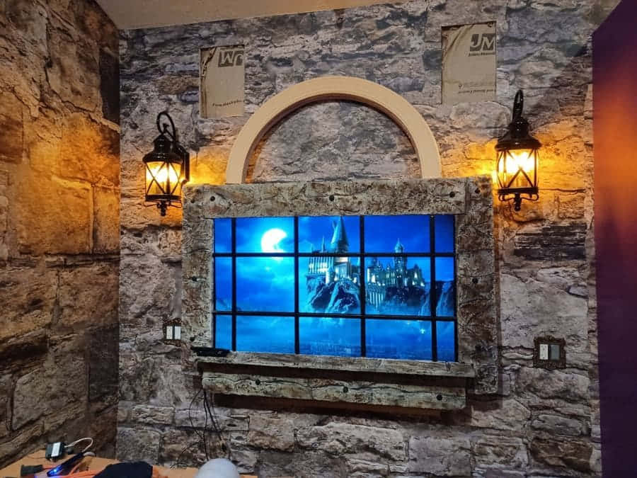 Brown Stone, faux window, glowing blue castle, SD Desktop Wallpaper