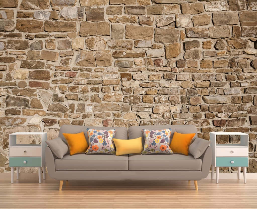 Brown Stone, gray sofa, floral and orange pillows, SD Desktop Wallpaper