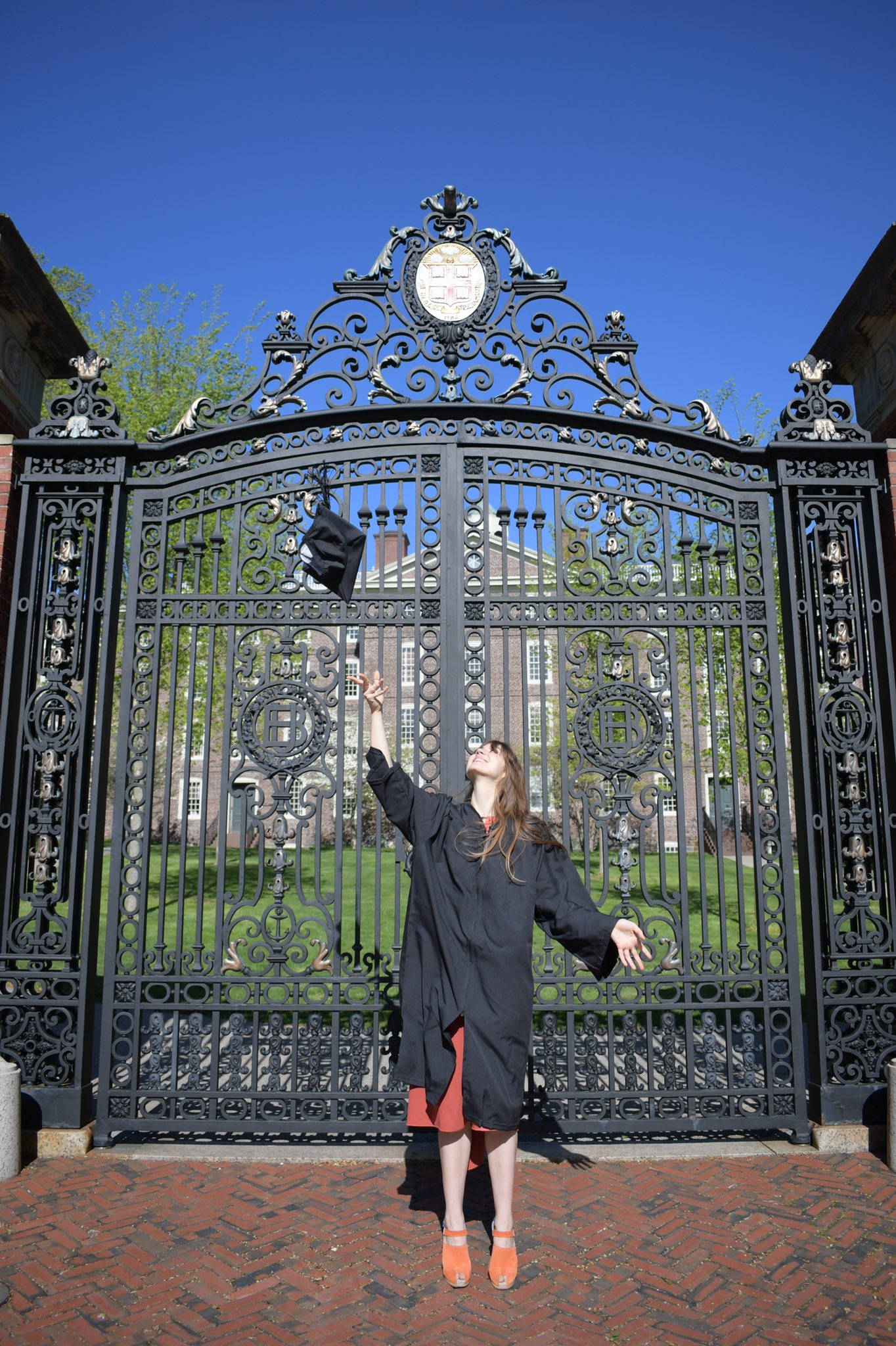 Brown University, ornate wrought iron gate, black gown, Full HD Phone Wallpaper