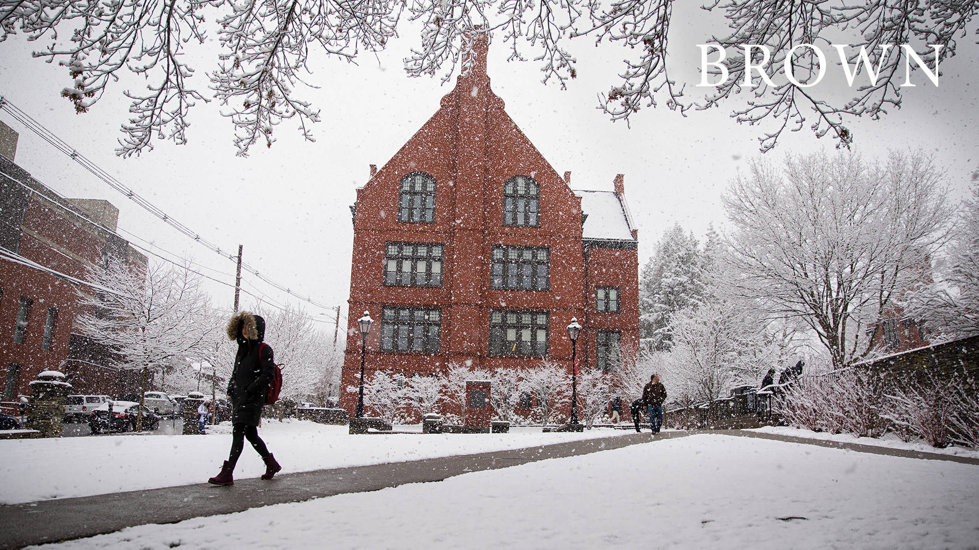 Brown University, snow-covered campus pathways, historic red brick building, Full HD Desktop Wallpaper