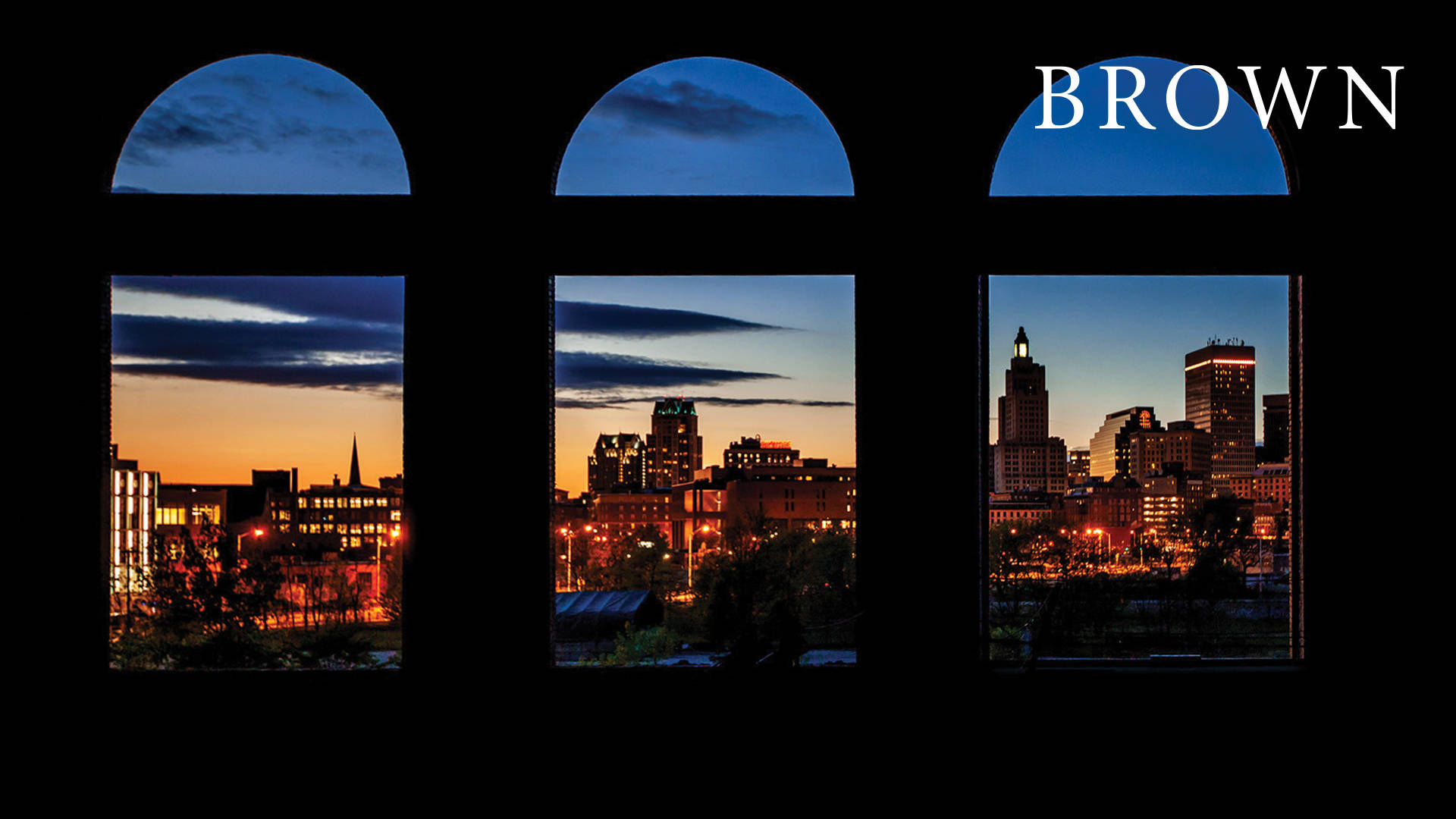 arched windows, twilight cityscape, glowing buildings, Full HD Desktop Wallpaper