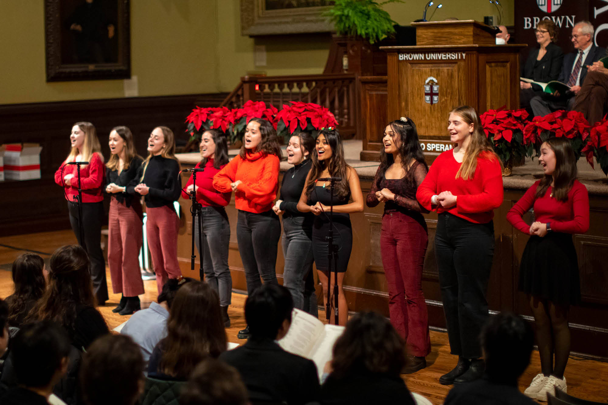 Brown University, wooden stage, red poinsettias, Full HD Desktop Wallpaper