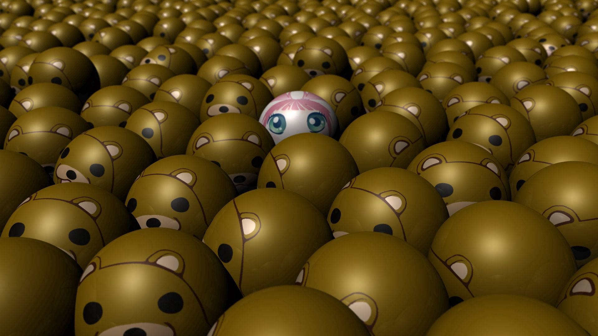 3D Rendered Brown Bear, pink and white ball, large blue eyes, Full HD Desktop Wallpaper