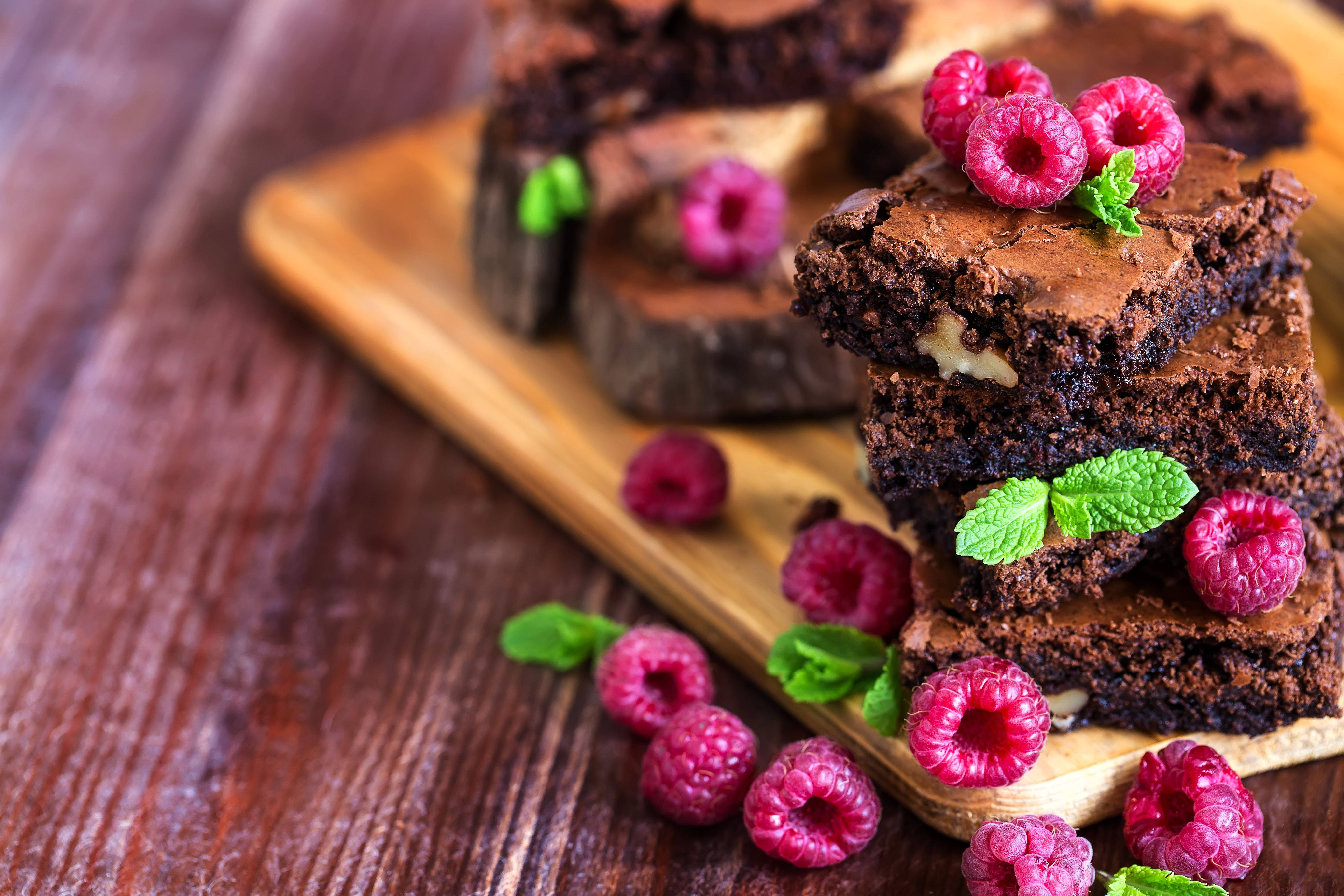 raspberries, mint, chocolate brownies, 5K Desktop Wallpaper