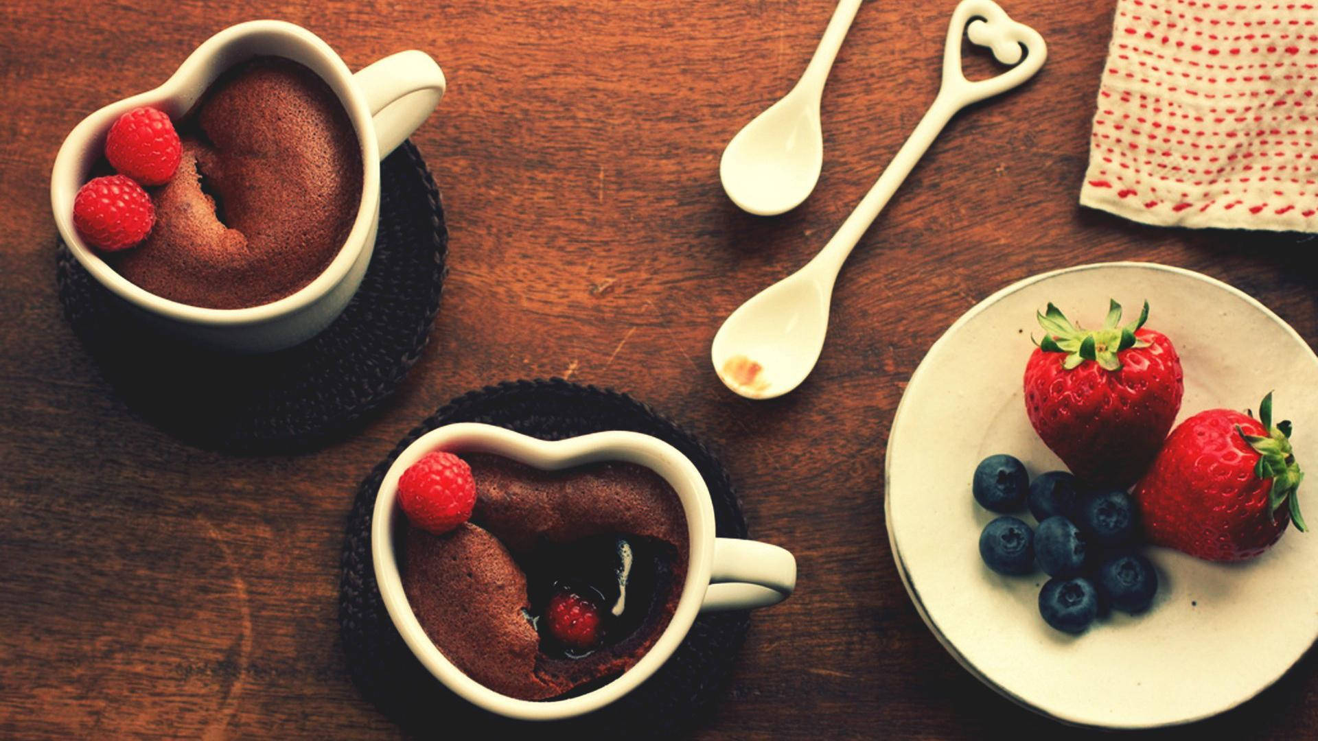 heart-shaped chocolate mug cakes, raspberries, strawberries, Full HD Desktop Wallpaper
