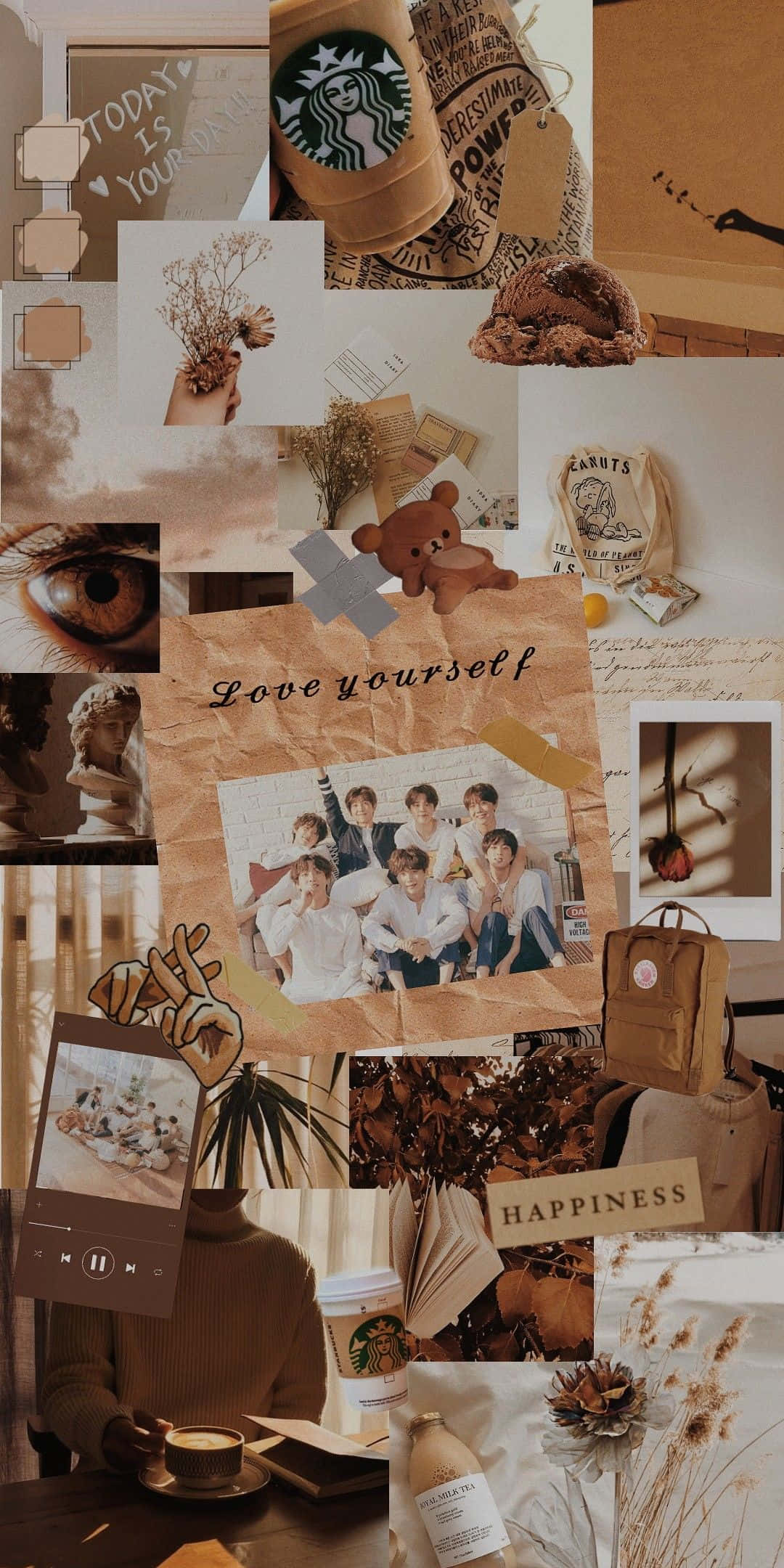 brown pastel aesthetic, coffee cups, dried flowers, Full HD Phone Wallpaper