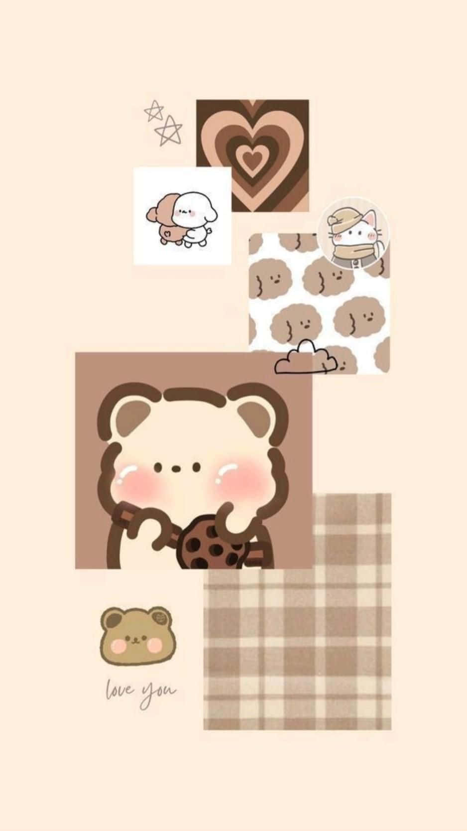 pastel beige, cute cartoon bears, hearts, HD Phone Wallpaper