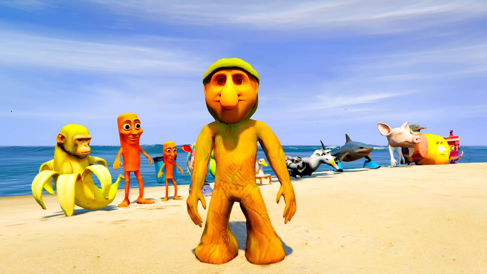 Brr Brr Patapim, beach scene, banana monkey, Full HD Desktop Wallpaper