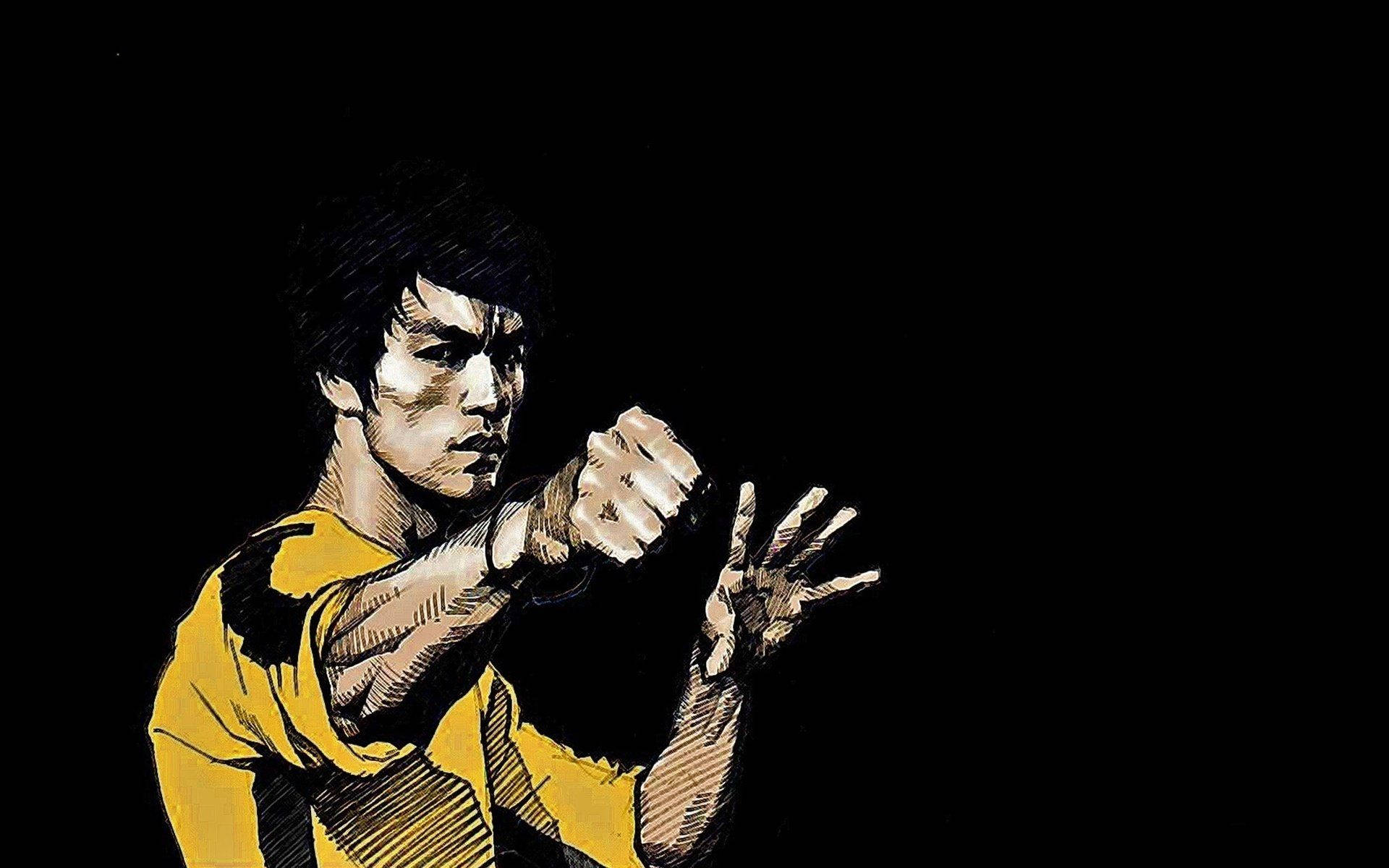 Bruce Lee, cartoon, martial arts pose, Full HD Desktop Wallpaper