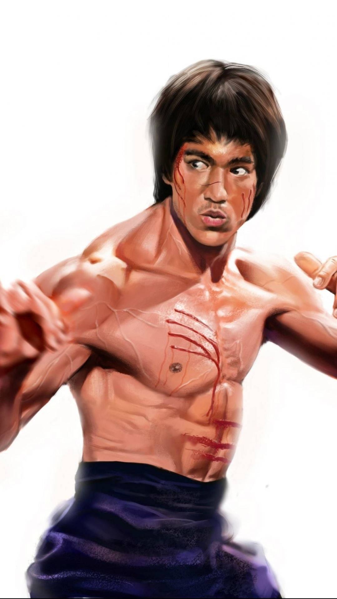Bruce Lee, martial arts stance, blood streaks, Full HD Phone Wallpaper