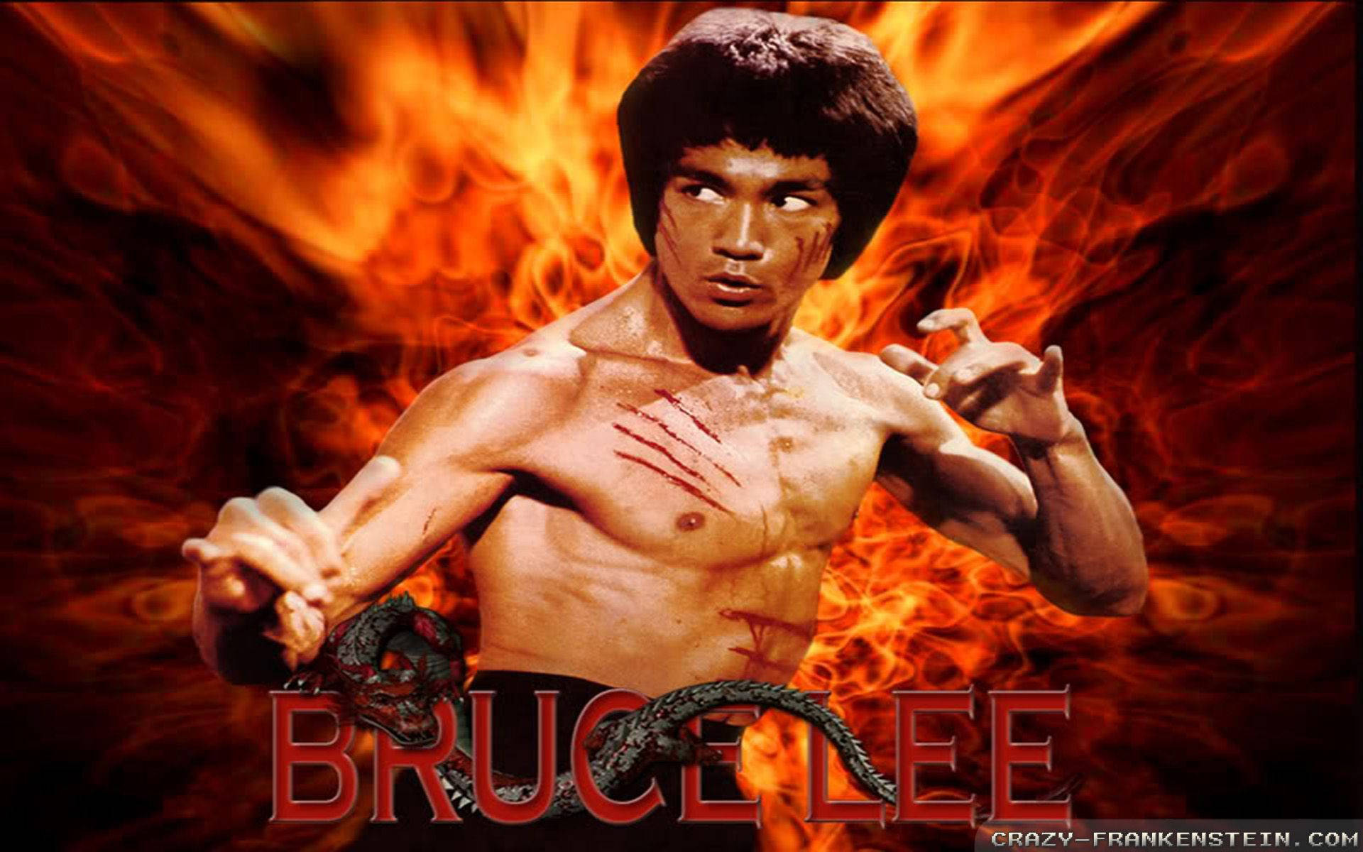 Bruce Lee, fiery orange background, fighting stance, Full HD Desktop Wallpaper