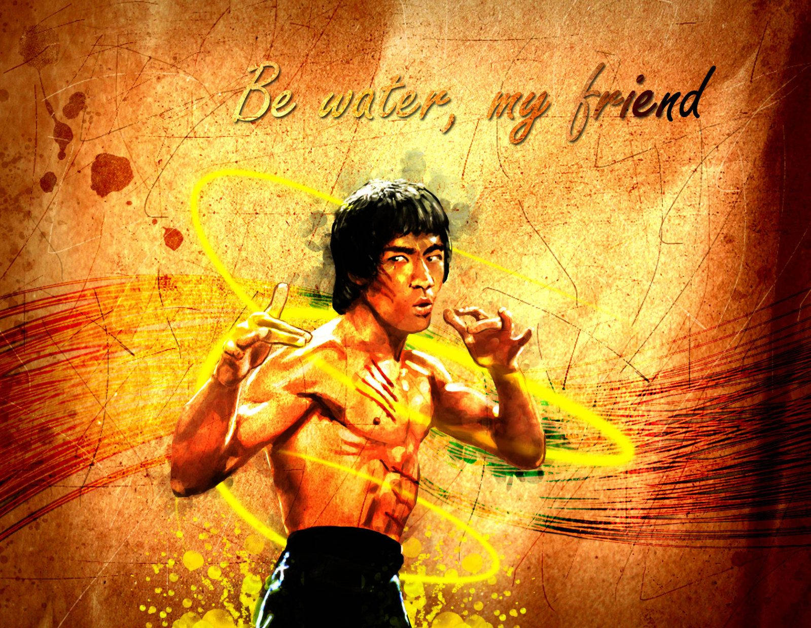 Bruce Lee, Be water my friend, glowing yellow energy lines, HD Desktop Wallpaper