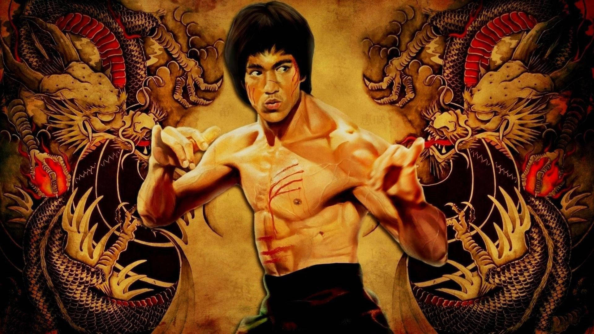 Bruce Lee, ornate dragons, textured golden background, Full HD Desktop Wallpaper