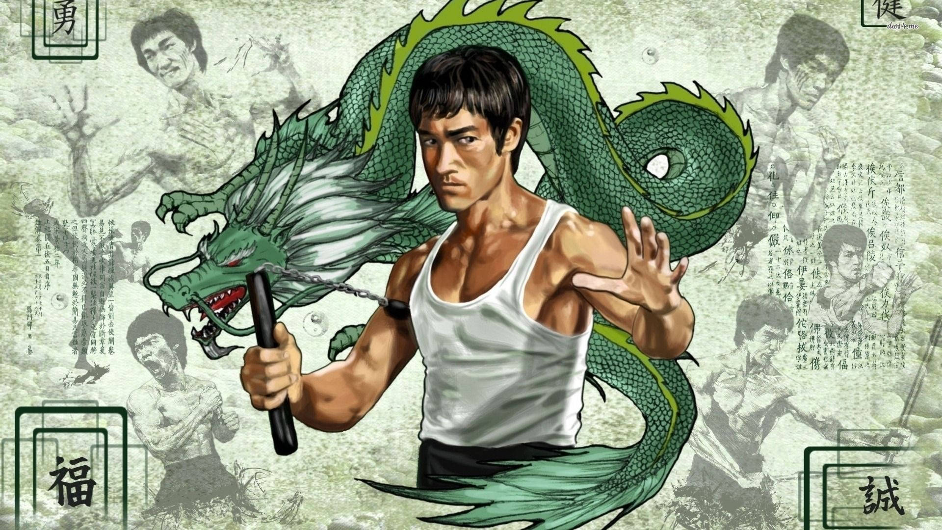 Bruce Lee, nunchaku, green dragon, Full HD Desktop Wallpaper