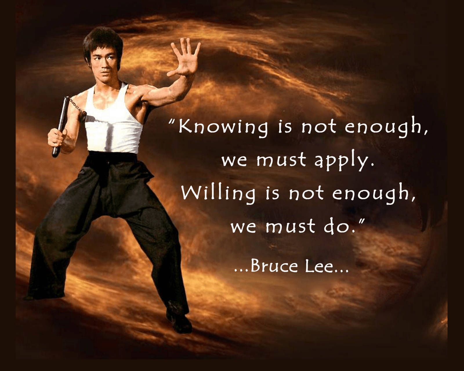 Bruce Lee, nunchaku, fiery swirling background, HD Desktop Wallpaper