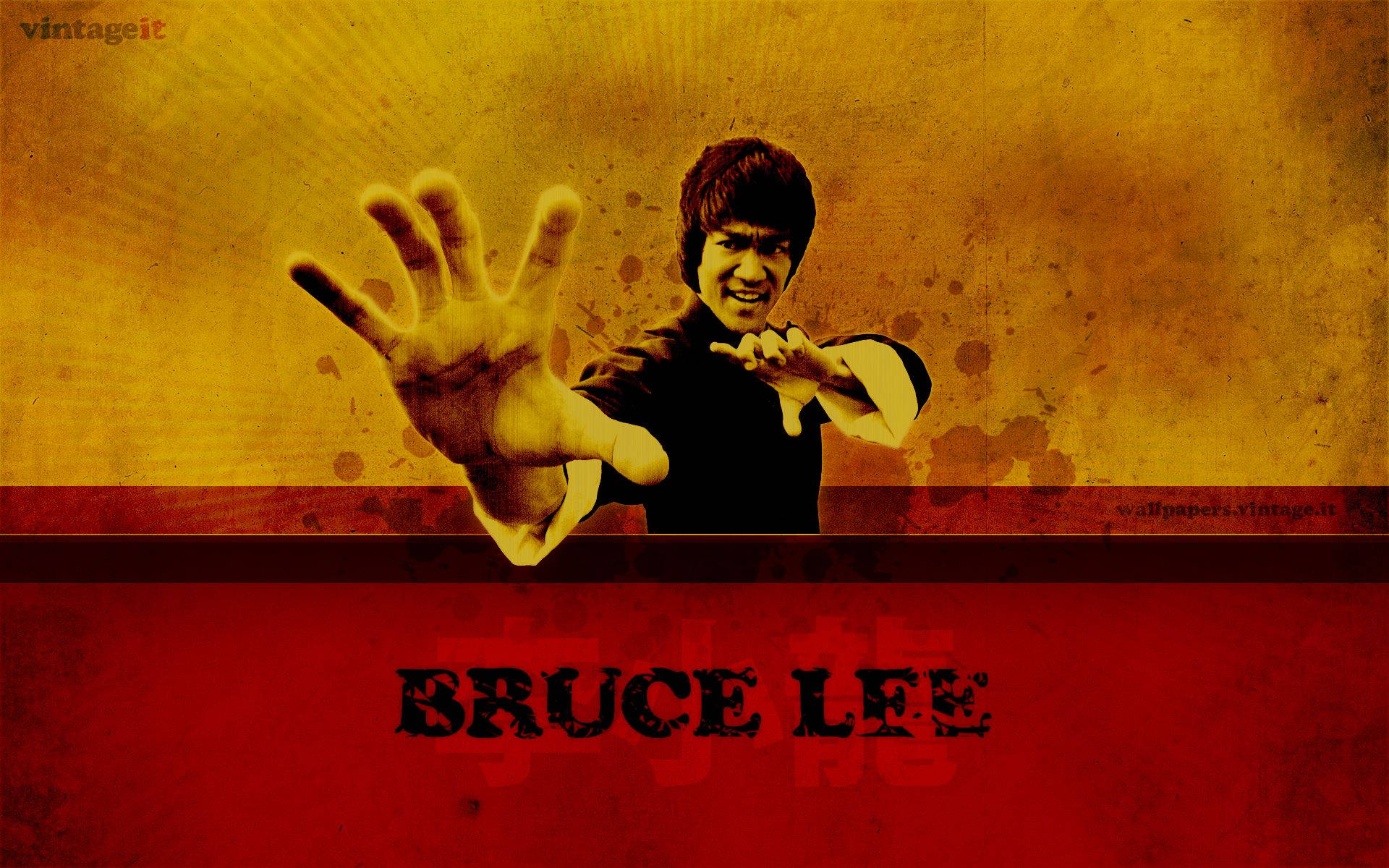 Bruce Lee, one-inch punch, textured yellow and red background, Full HD Desktop Wallpaper