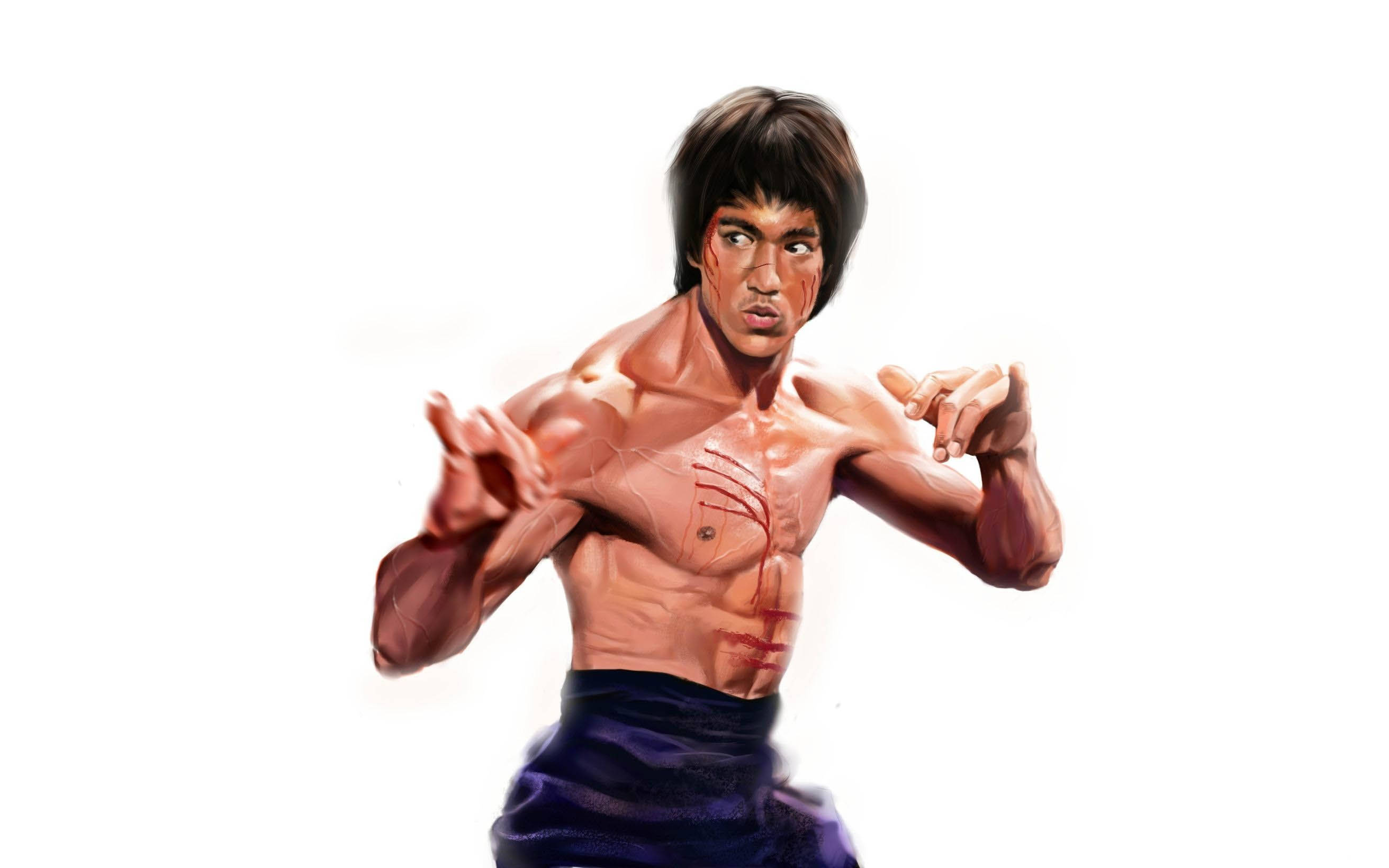 Bruce Lee, martial arts pose, intense expression, 2K Desktop Wallpaper
